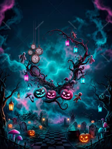 Halloween Forest Path Background With Gravestones And Pumpkins