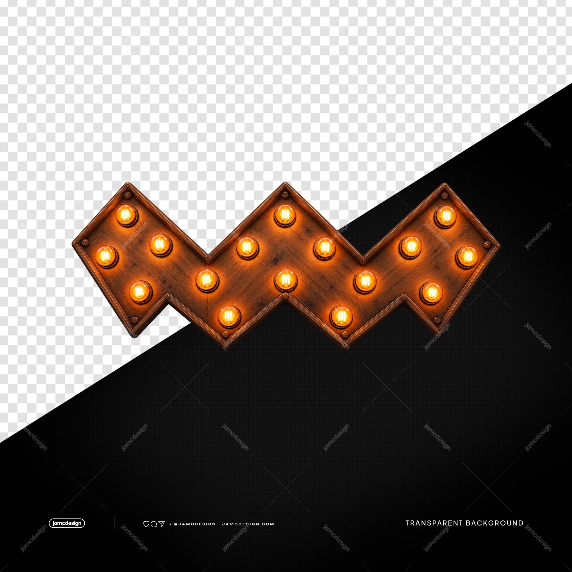 Wooden Zigzag Marquee Sign With Bulbs PNG. This transparent object PNG shows a vintage wooden zigzag marquee sign outlined with glowing bulbs