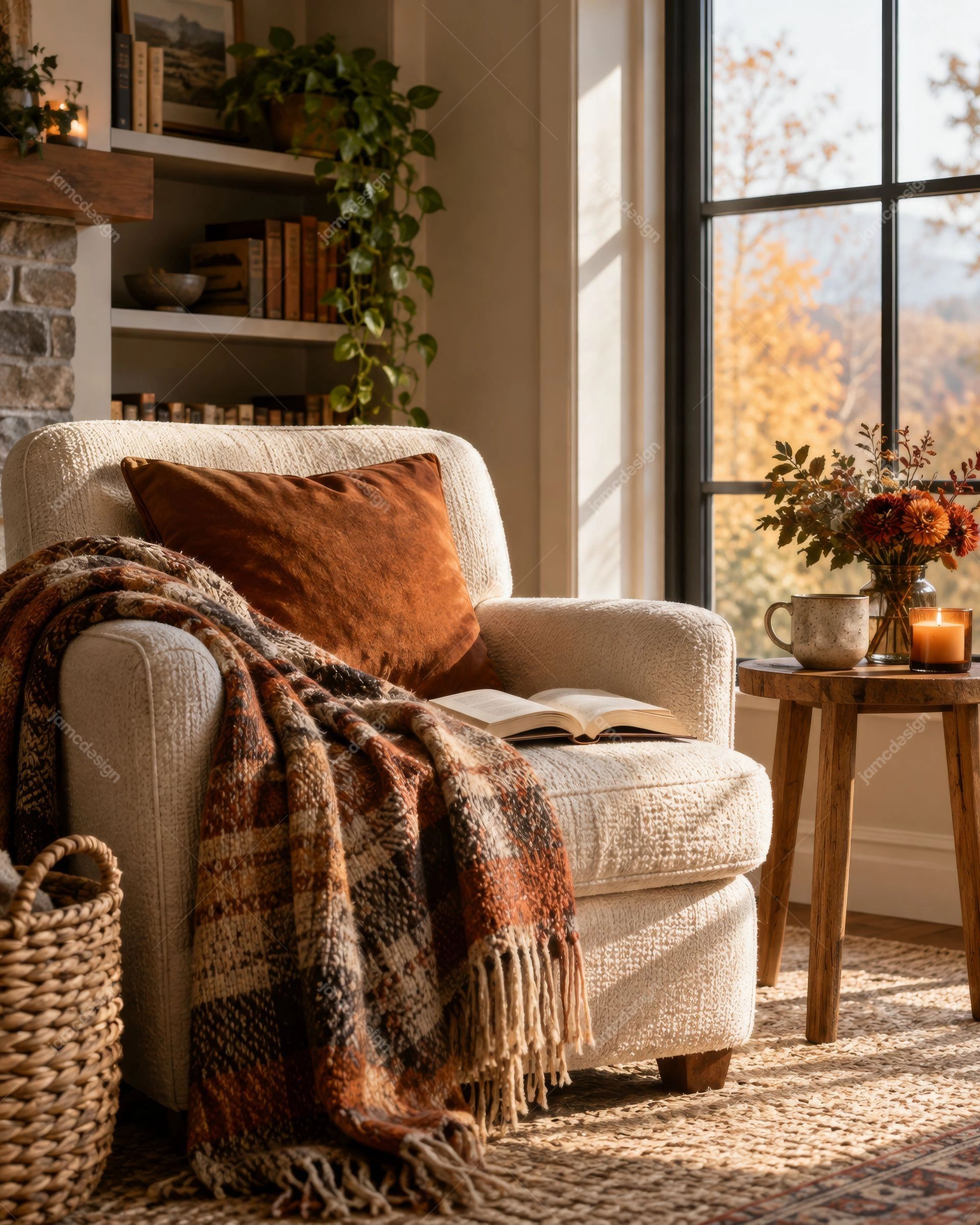 Fauteuil Douillet D’Automne Avec Plaid À Carreaux. Téléchargez cette photo JPG d’un salon d’automne chaleureux avec un fauteuil texturé