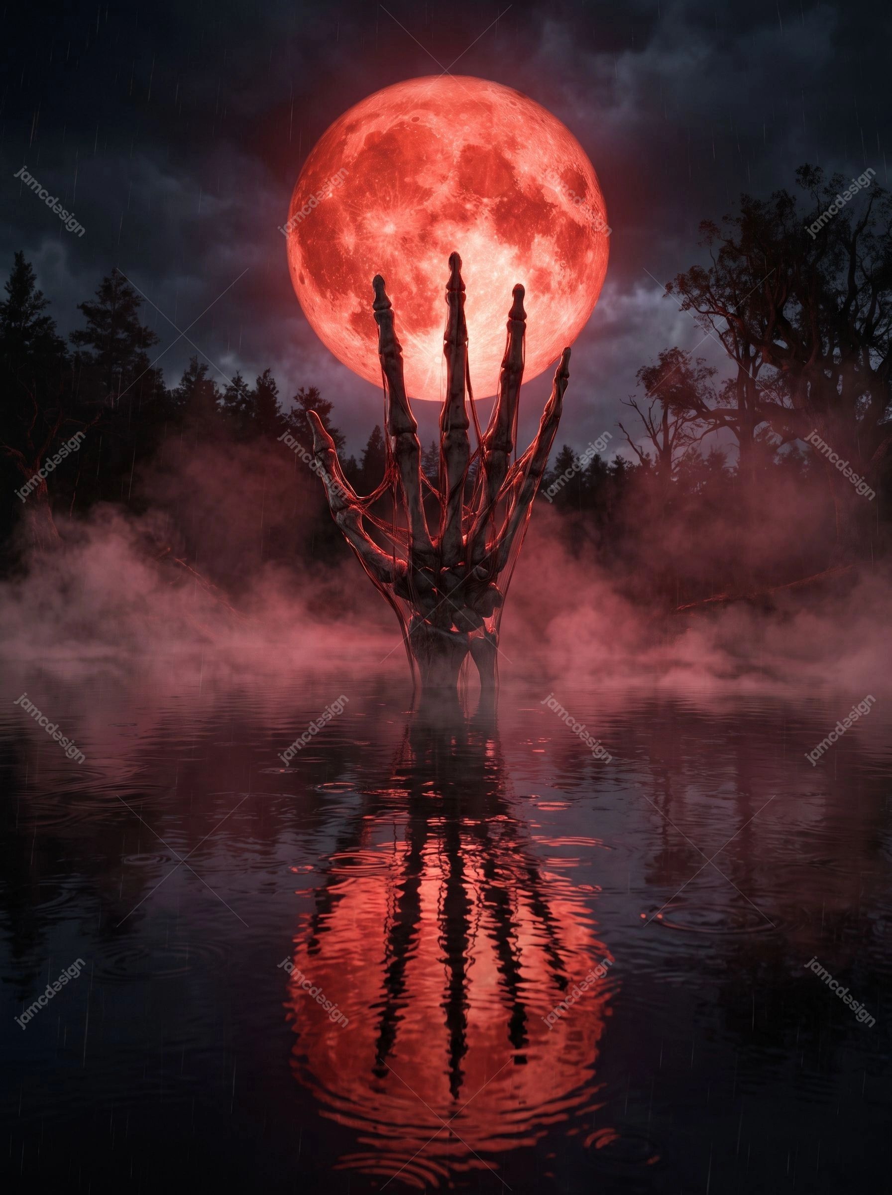 Arrière-Plan De Main Squelettique Émergeant D’Un Lac À Lune Rouge Sang. Arrière-plan JPG surréaliste représentant une main squelettique émergeant d’un lac