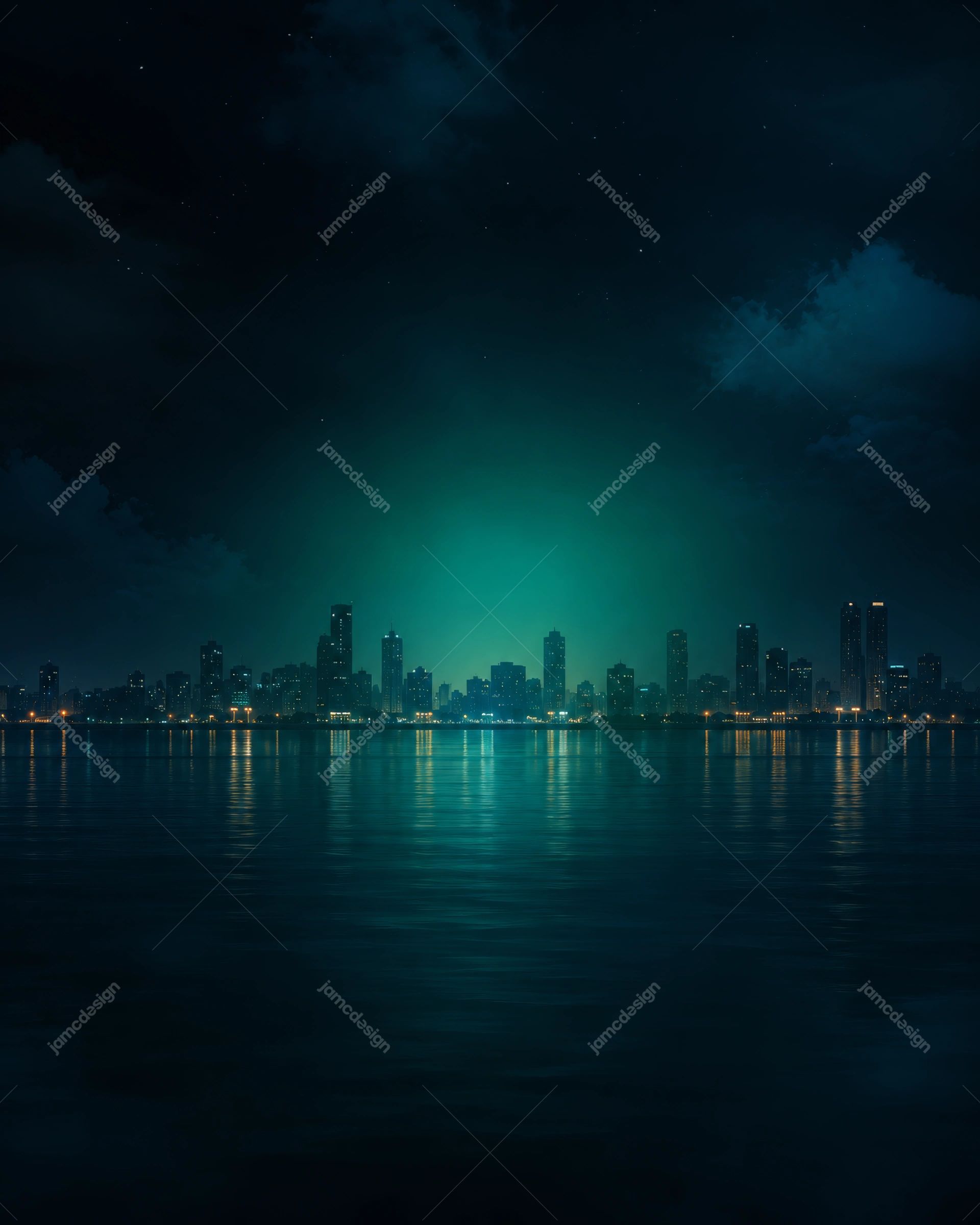Teal City Skyline Night Background. This PNG background shows a city skyline at night beneath a deep teal sky, with building lights reflected on calm water