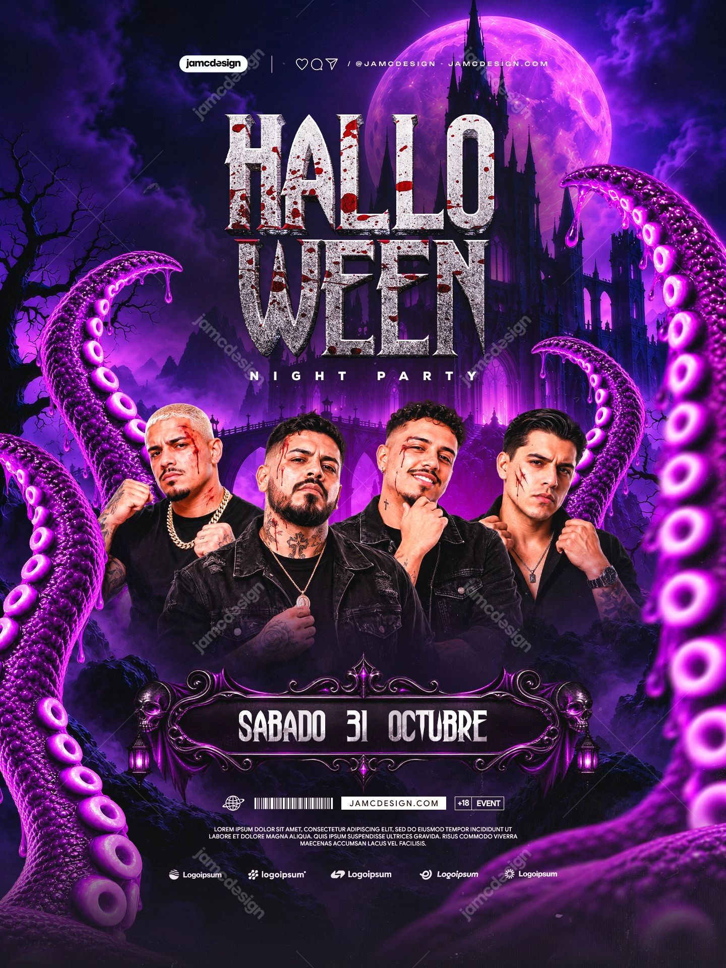 Purple Halloween Party Flyer Template PSD. This editable PSD event flyer combines four male portraits