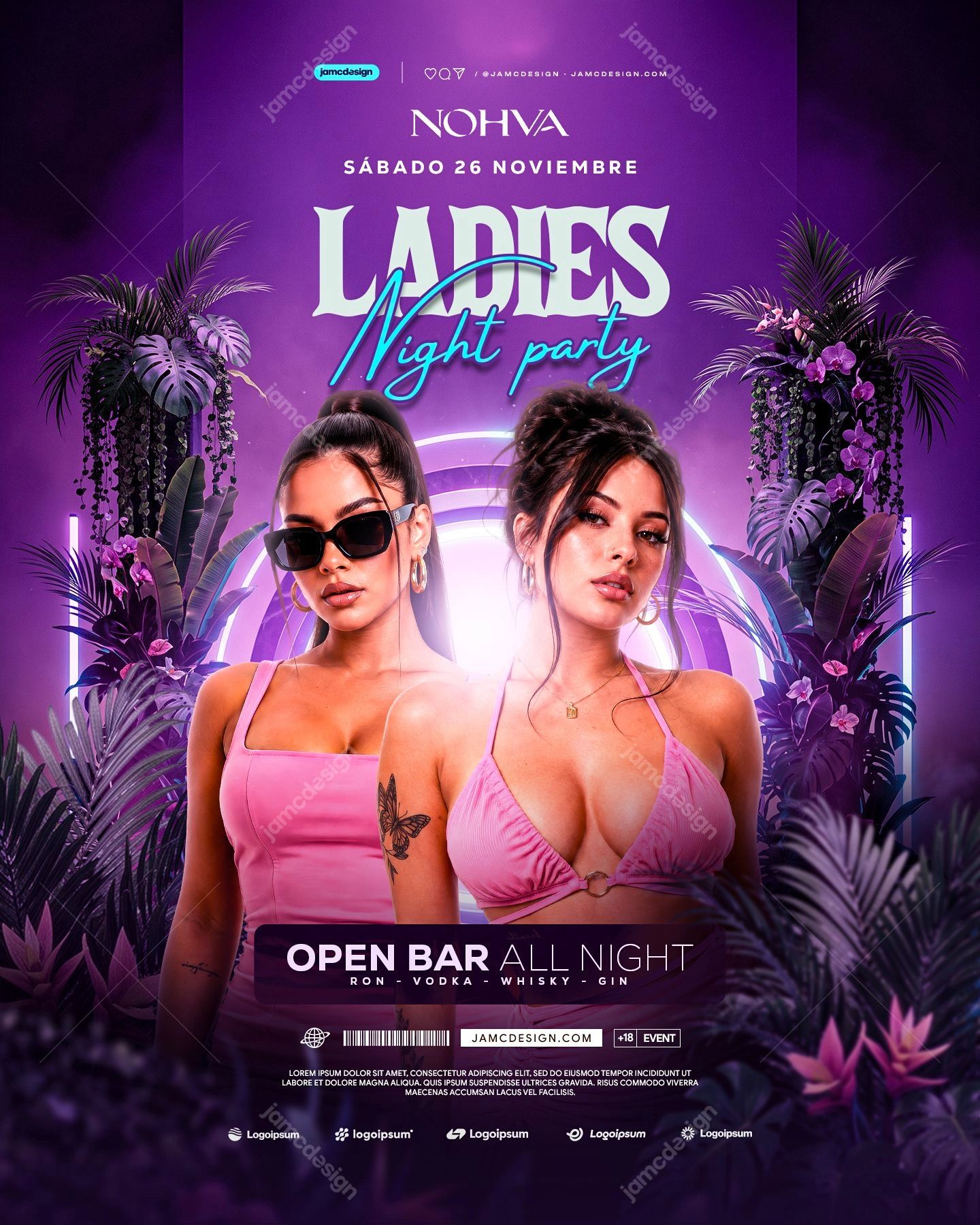 Modelo De Flyer Ladies Night Com Neon Violeta PSD. Este flyer de evento PSD editável apresenta duas mulheres emolduradas por folhagens tropicais