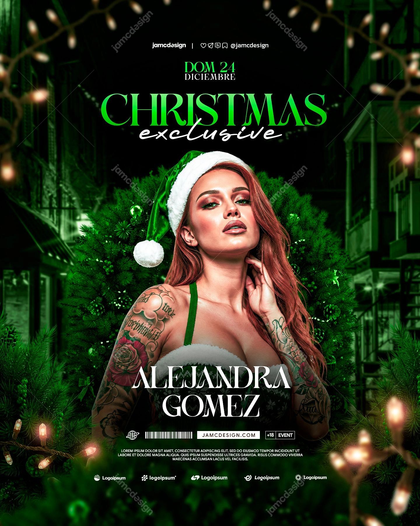 Christmas Exclusive Flyer Template PSD. This PSD Christmas event flyer pairs a woman in a Santa hat with evergreen branches and a dark, green lit street scene