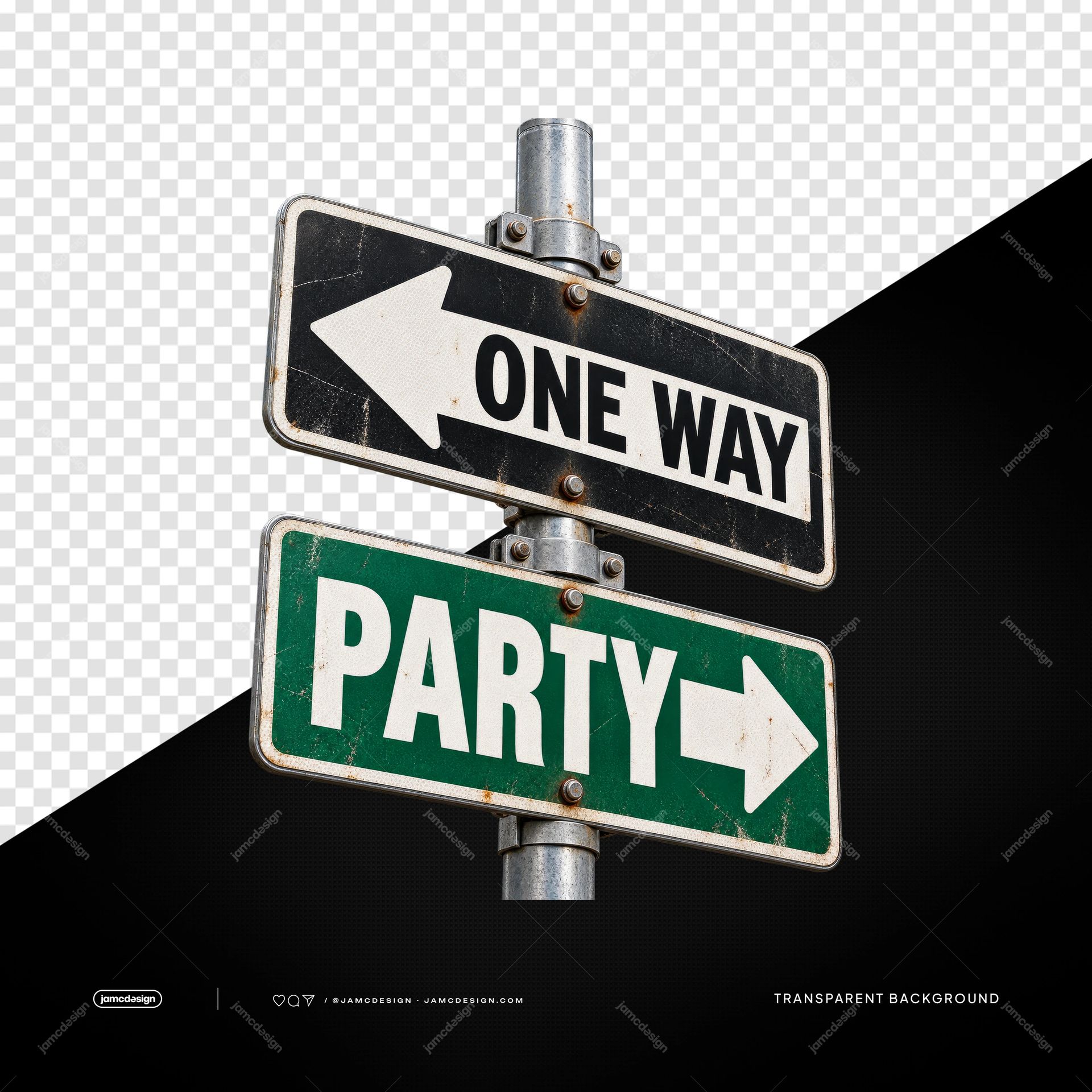 Weathered One Way Party Signs With Opposing Arrows PNG. Download this PNG transparent object featuring two weathered metal street signs on a pole