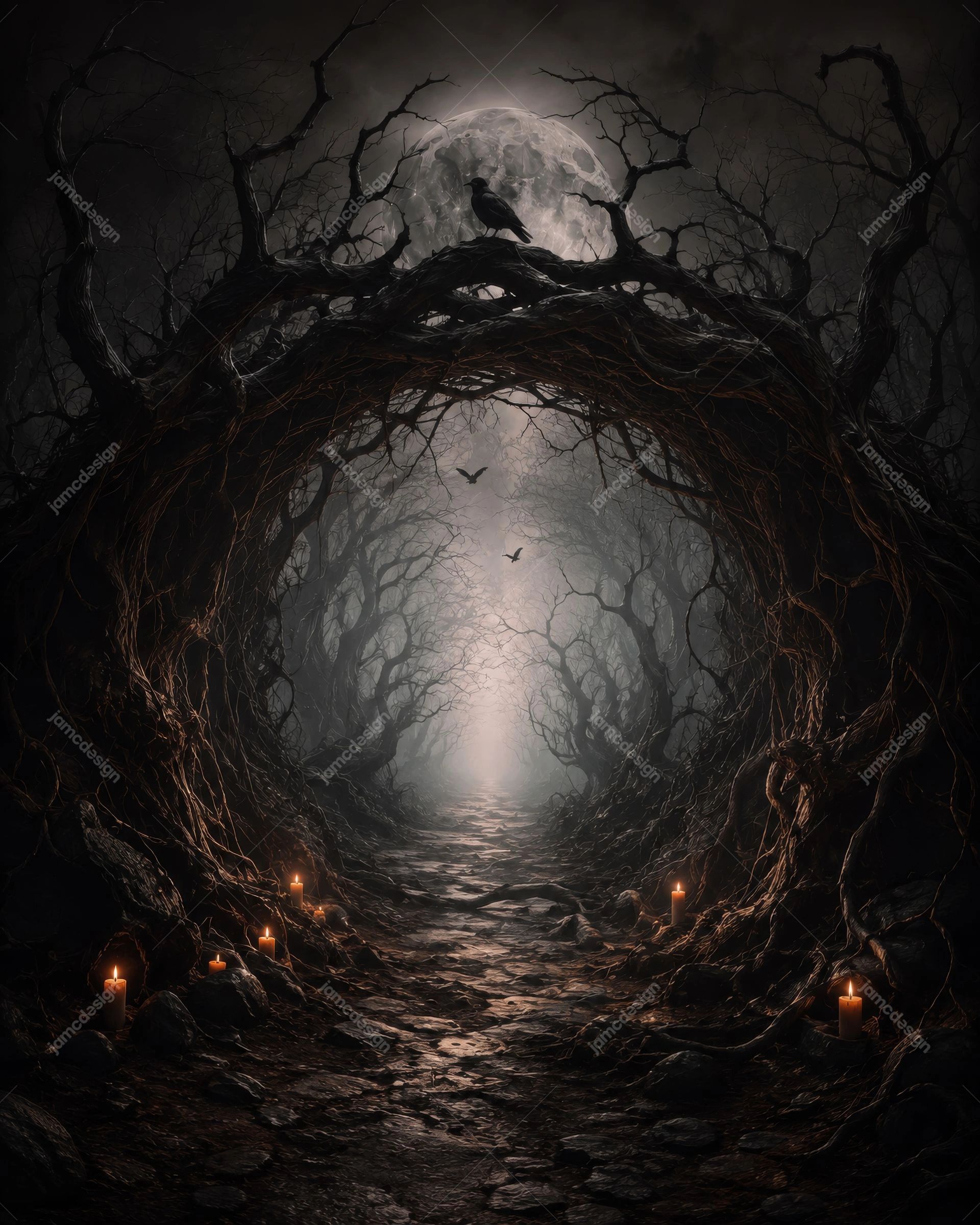 Dark Forest Moon Tunnel Halloween Background. JPG background showing a dark forest tunnel with a rocky path, tangled tree branches, a full moon