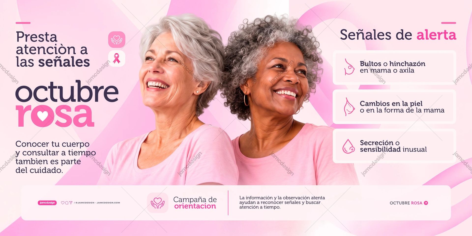 Breast Cancer Warning Signs Flyer Template PSD. Download this PSD social media template for breast cancer warning signs, featuring two smiling older women