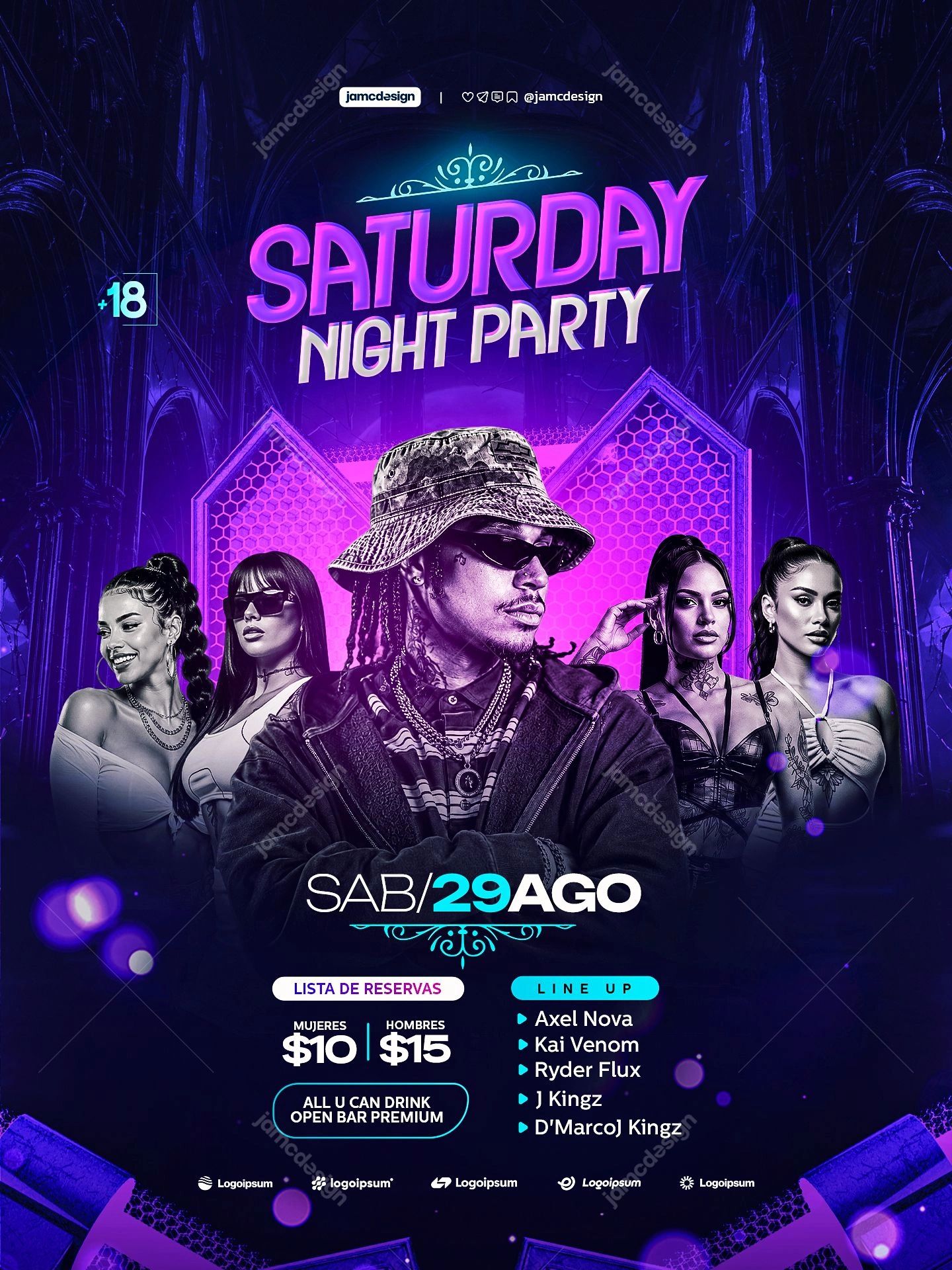 Saturday Night Party Flyer PSD With Purple Panels. Editable PSD template for a Saturday night party event flyer