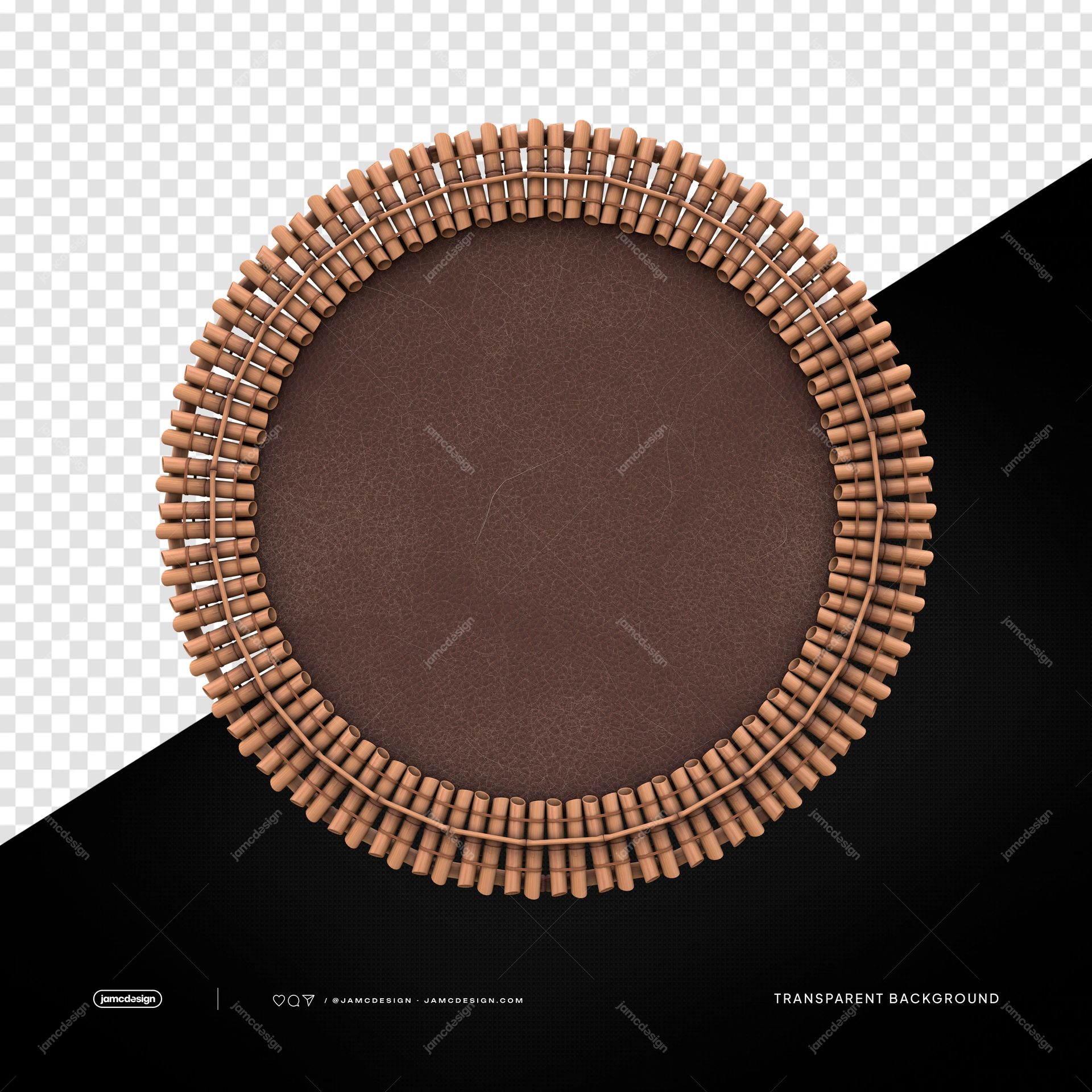 Marco Redondo De Bambú Con Centro De Cuero PNG. Este objeto PNG transparente presenta un marco circular de bambú con un centro de cuero marrón texturizado