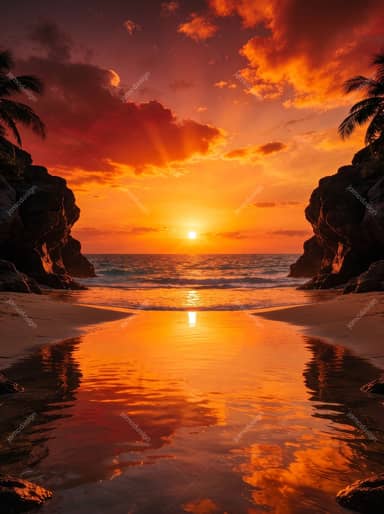 Fondo De Atardecer Tropical En La Playa Con Reflejos De Agua