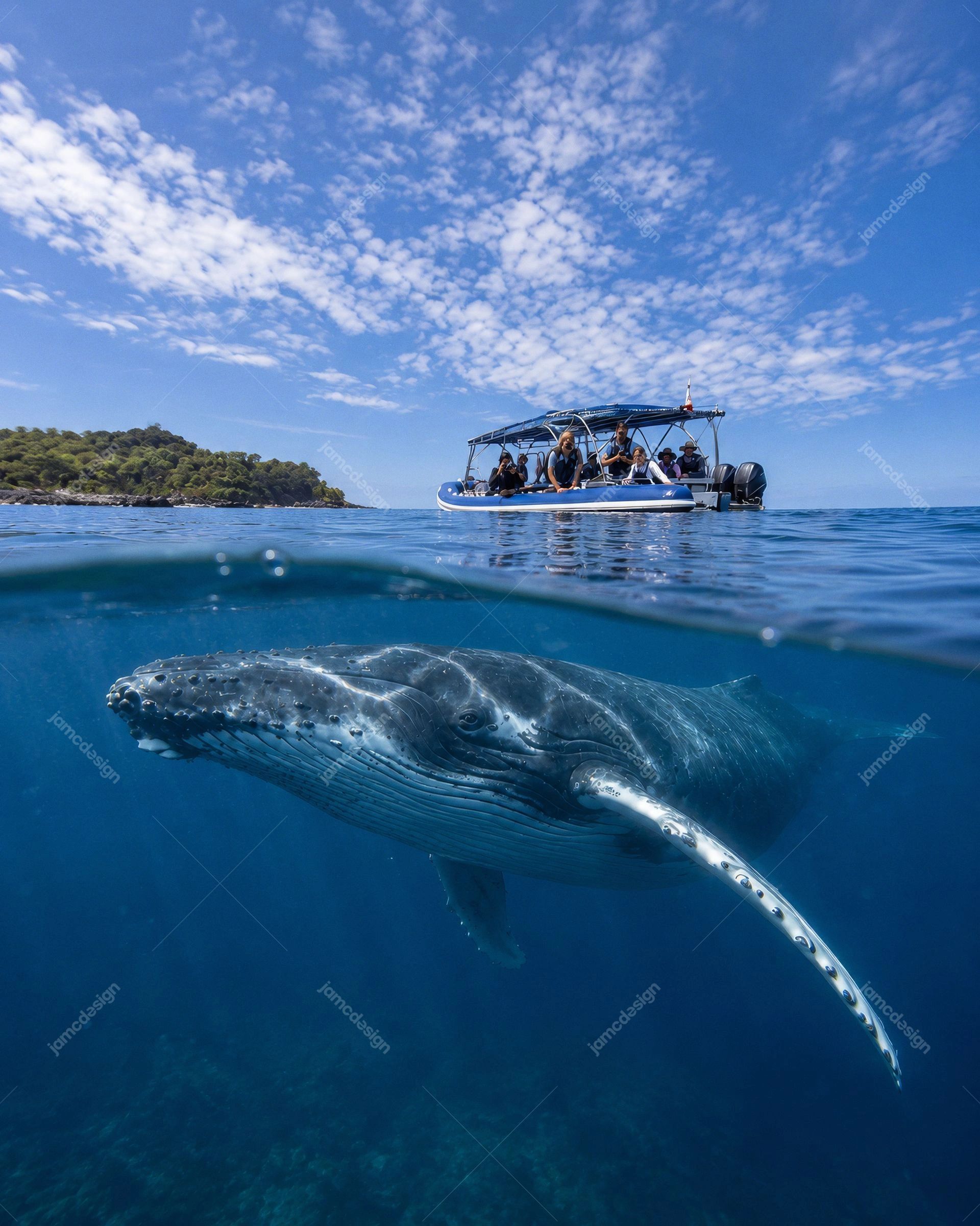Humpback Whale Swimming Beneath Tour Boat. Download this realistic JPG photo of a humpback whale swimming beneath a tour boat
