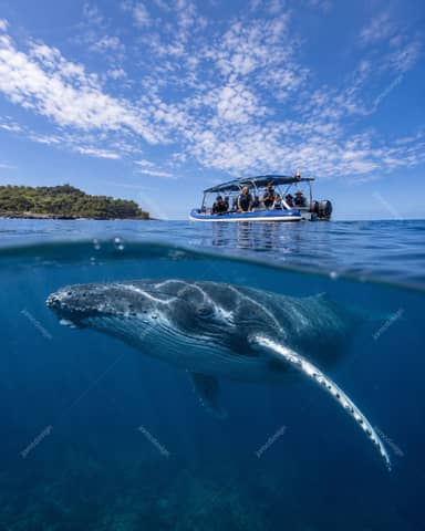 Humpback Whale Swimming Beneath Tour Boat