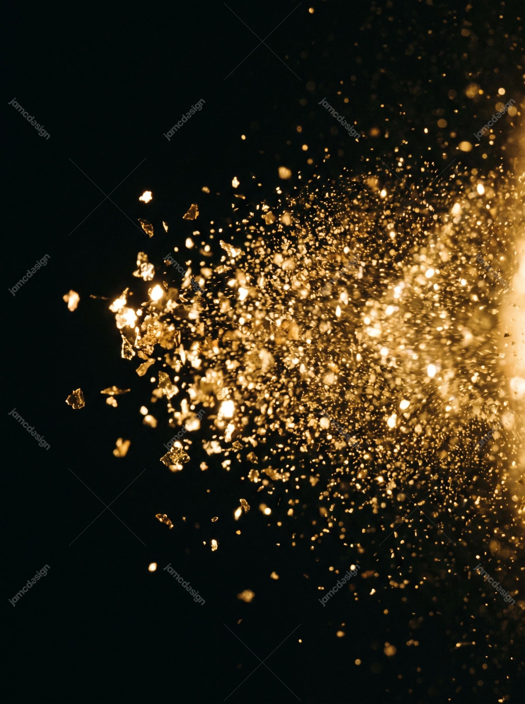Golden Glitter Explosion Photo On Dark Background. Download this JPG photo of a golden glitter explosion against a deep dark background