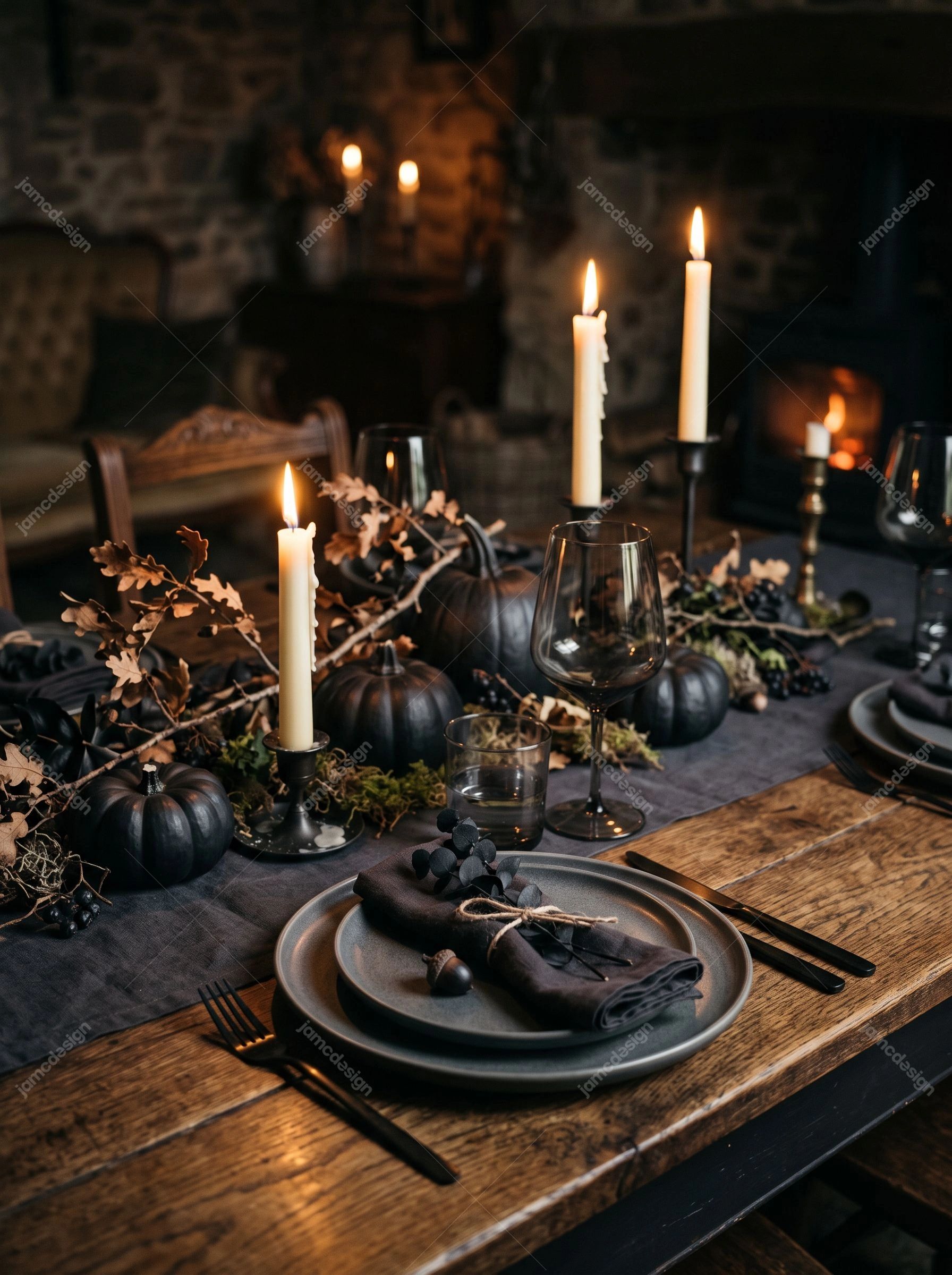 Candlelit Halloween Dinner Table With Black Pumpkins. Download this JPG photo of a Halloween dinner table with candles, black pumpkins, dried foliage