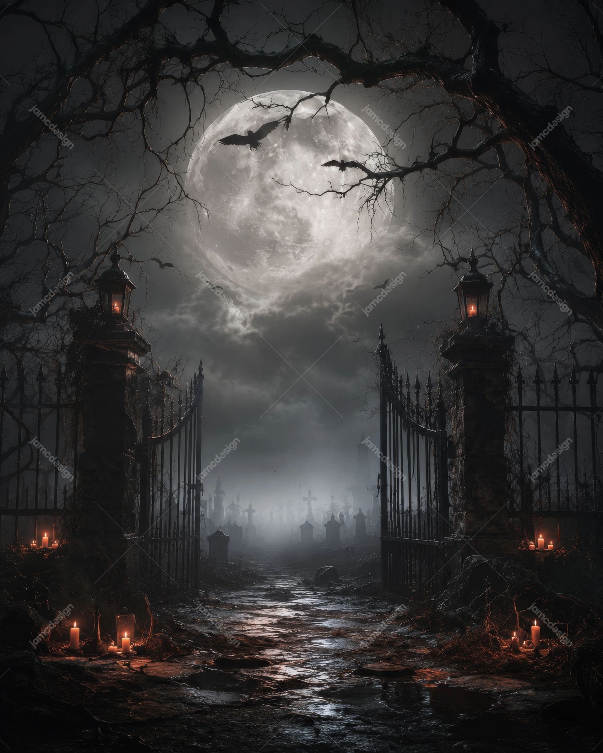 Arrière-Plan JPG De Grille De Cimetière Gothique Sous La Pleine Lune D’Halloween. Arrière-plan JPG représentant une grille de cimetière ornée sous une pleine