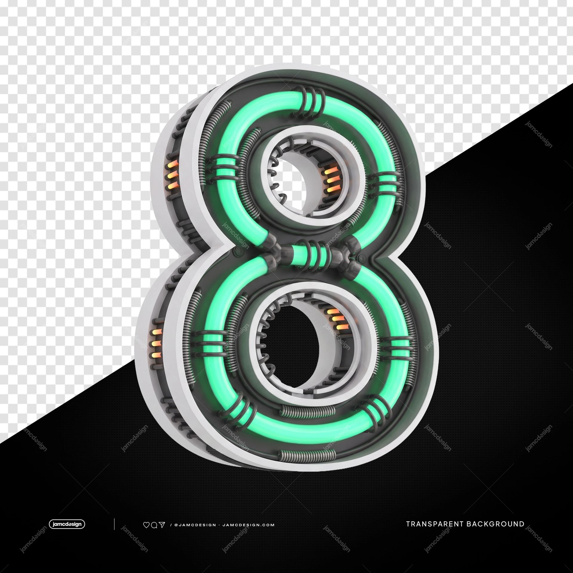 Chiffre 8 Néon Industriel Futuriste 3D PNG Fond Transparent. Chiffre 8 industriel futuriste 3D fourni en tant qu'objet PNG transparent, avec un cadre chromé
