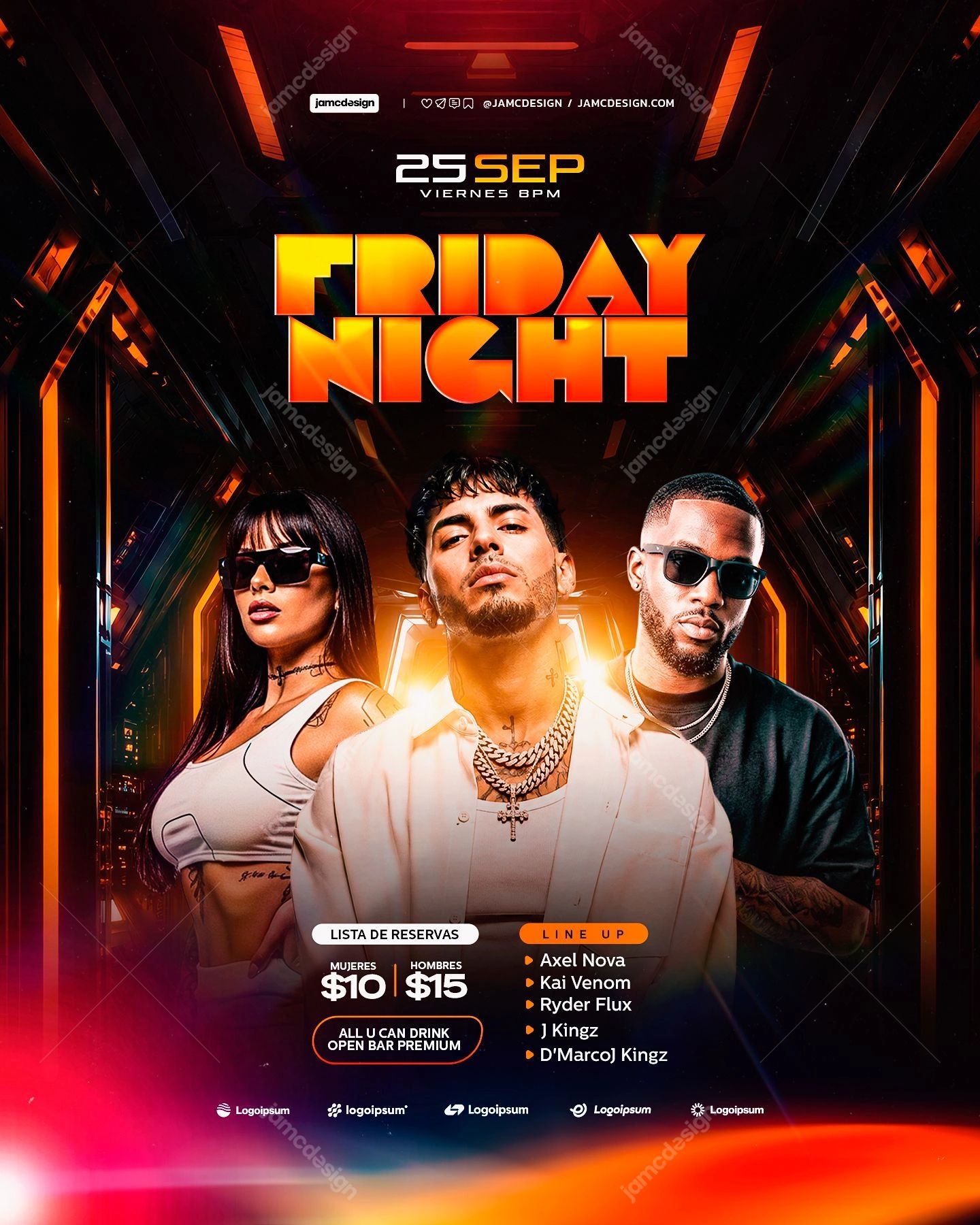 Modèle De Flyer Du Vendredi Soir Avec Trois Portraits Orange PSD. Modèle de flyer événementiel PSD modifiable pour une fête du vendredi soir