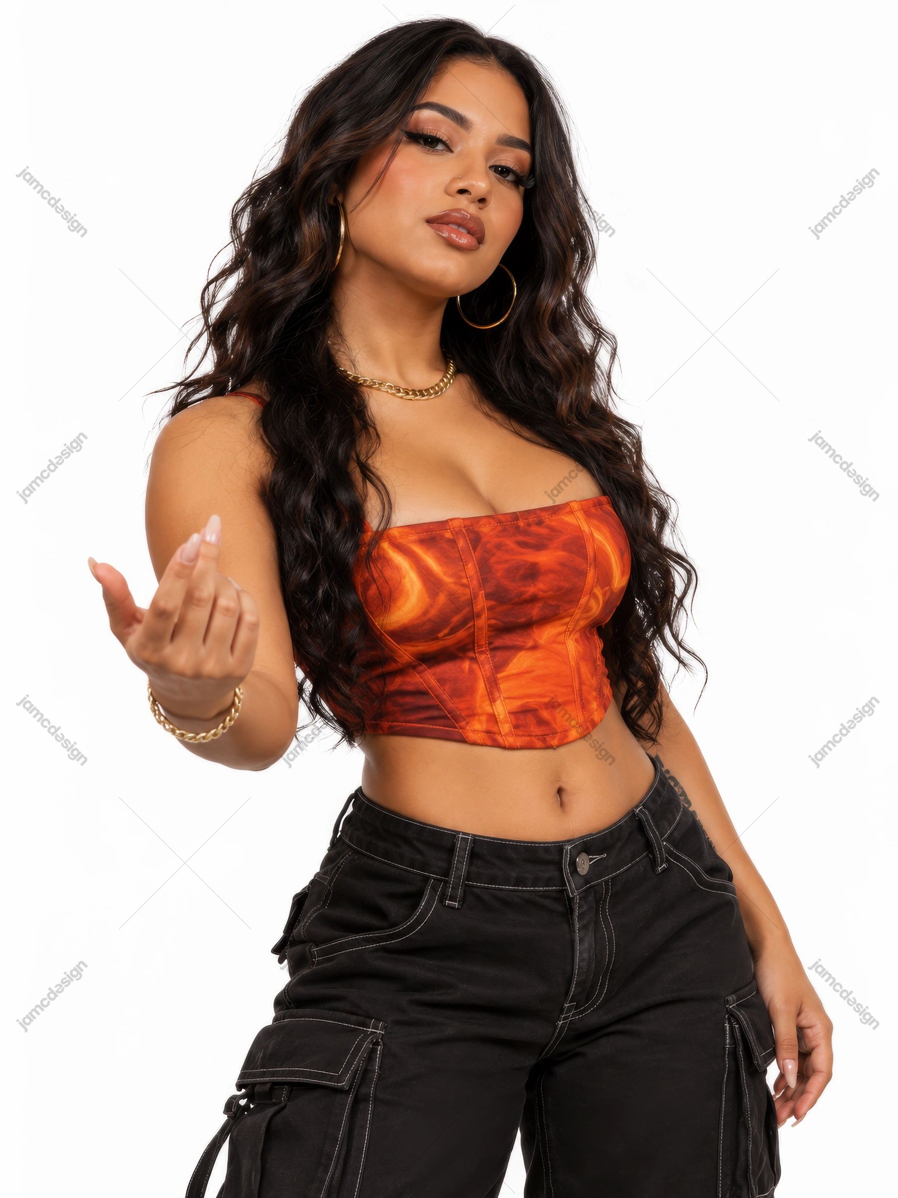 Brunette Woman In Orange Patterned Corset And Cargo Pants PNG. Download this PNG fashion photo of a brunette model wearing an orange patterned corset