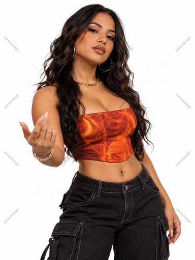 Brunette Woman In Orange Patterned Corset And Cargo Pants PNG