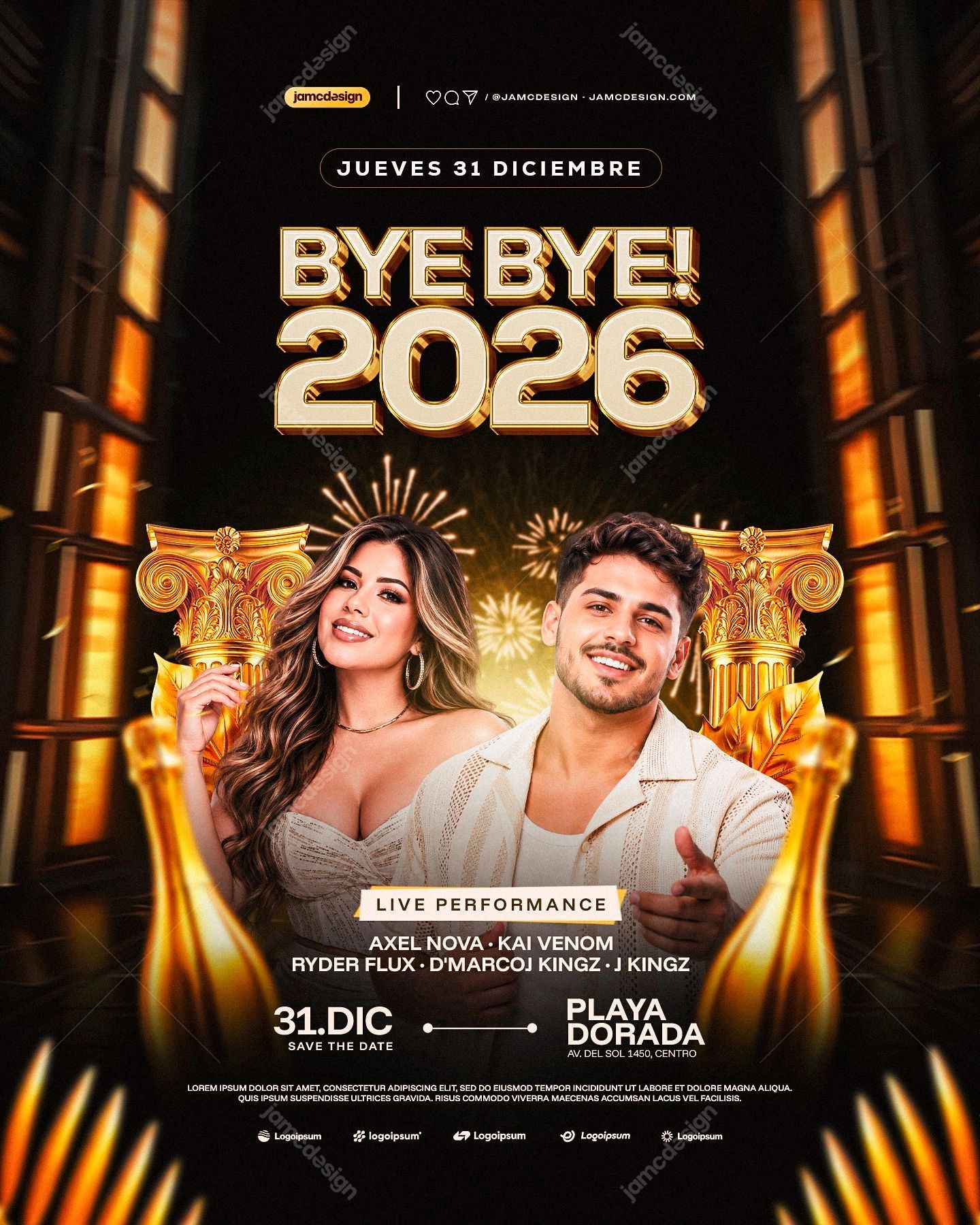 Plantilla De Flyer Para Fiesta De Año Nuevo 2026 PSD. Este flyer editable en PSD para un evento de Año Nuevo presenta a una mujer y un hombre frente a columnas