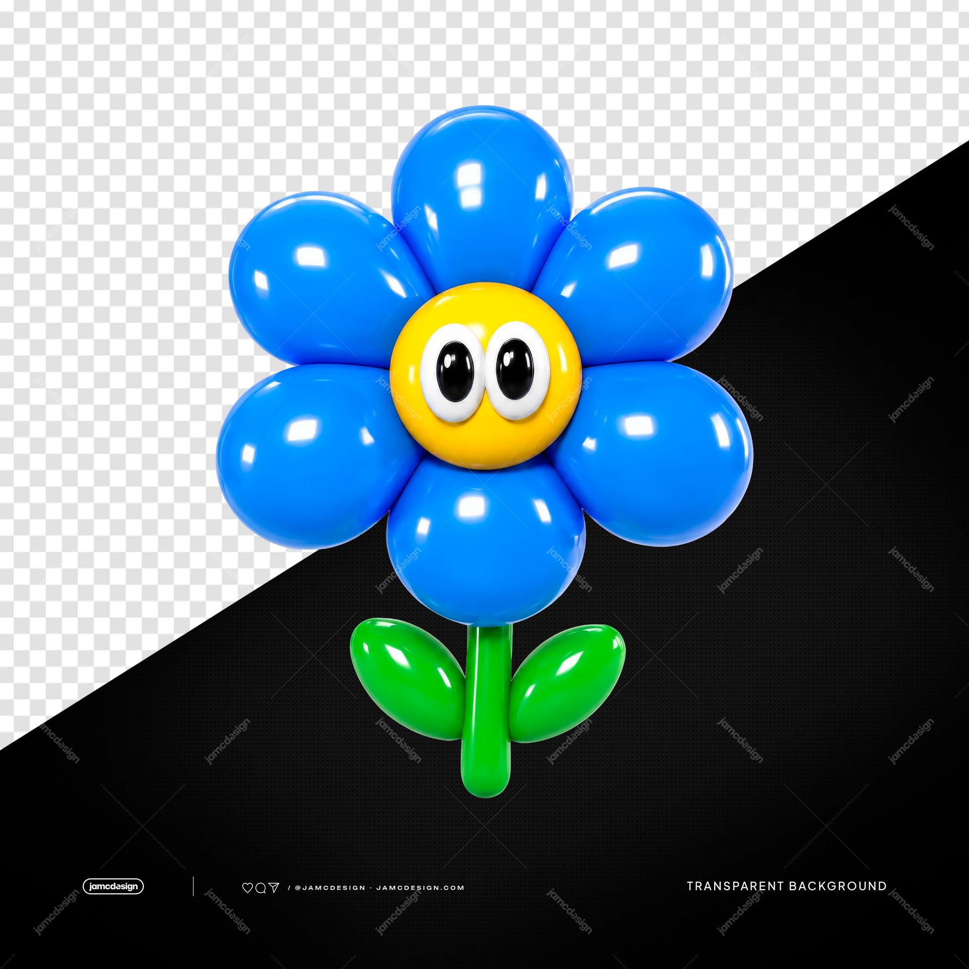 Glossy Blue Balloon Flower Character Isolated. PNG transparent object featuring a colorful flower character formed from glossy blue balloons