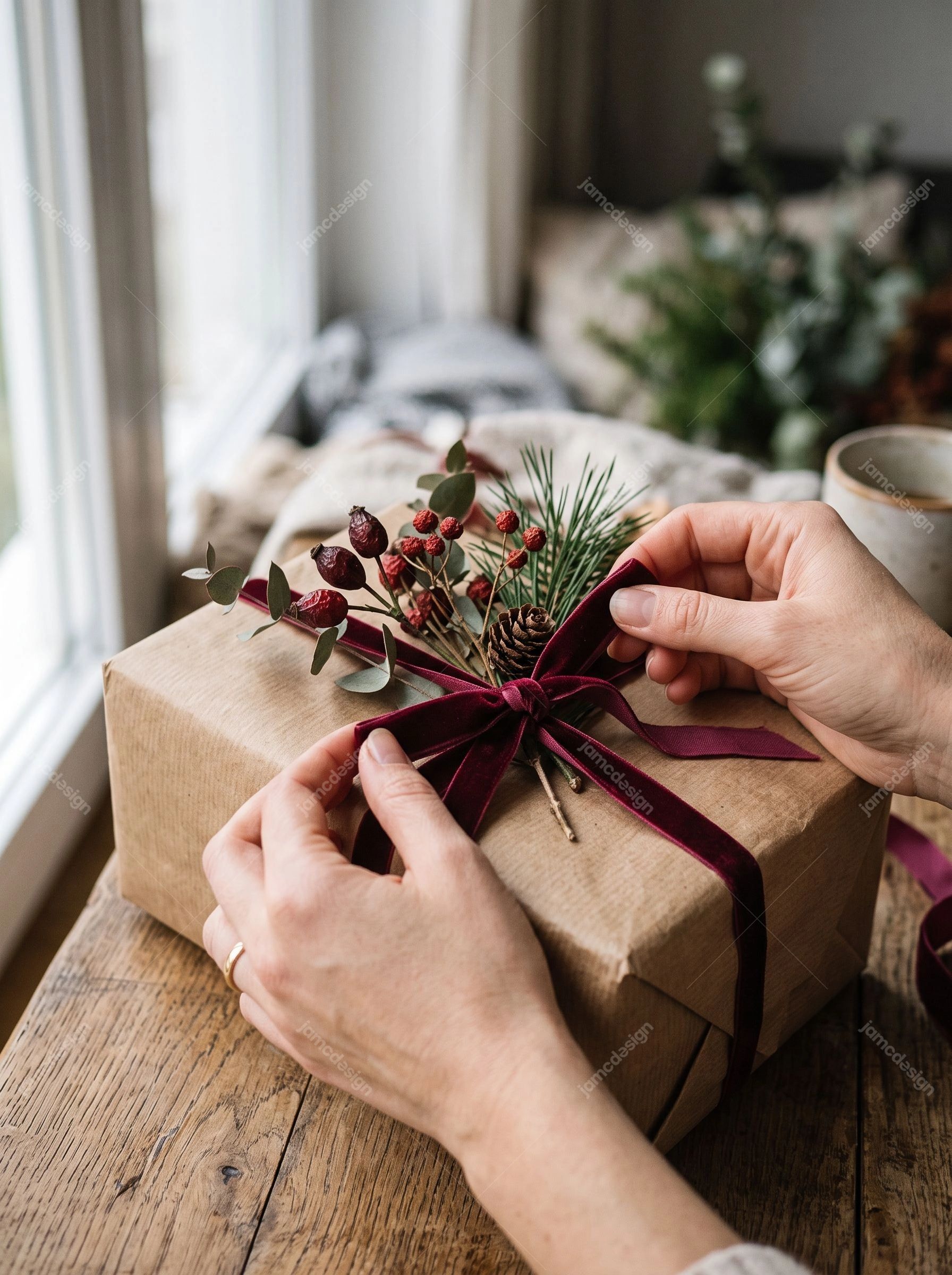 Hands Tying A Burgundy Ribbon On A Christmas Gift. This realistic JPG photo shows hands tying a burgundy ribbon around a kraft gift box decorated