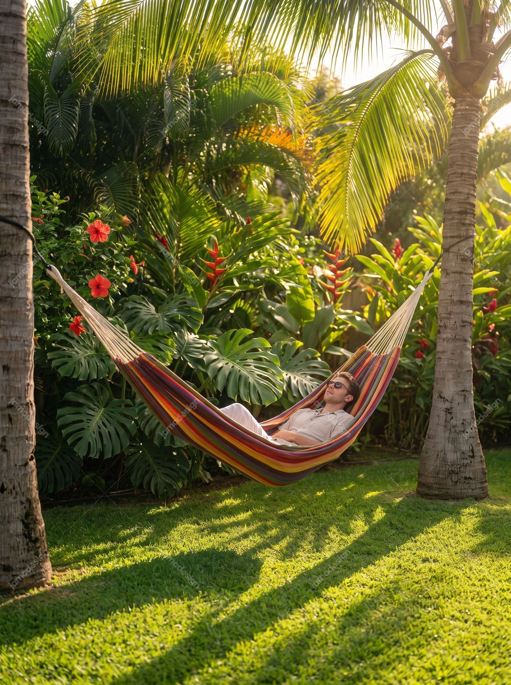 Woman Napping In Hammock Surrounded By Tropical Plants. JPG photo of a woman relaxing in a striped hammock amid lush tropical plants and palm trees