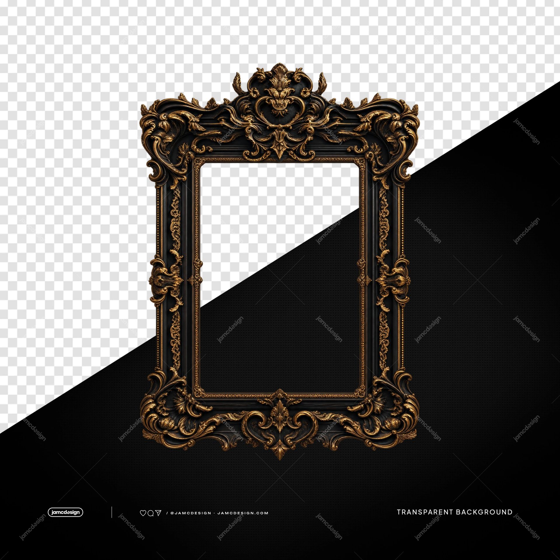 Black And Gold Baroque Gothic Frame PNG. This transparent PNG object features an ornate baroque frame with dark carved details and gold embellishments