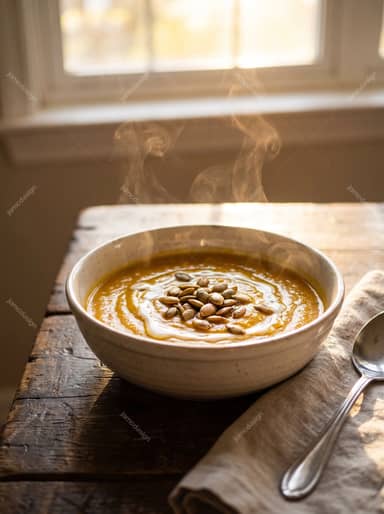 Steaming Pumpkin Soup In A Ceramic Bowl
