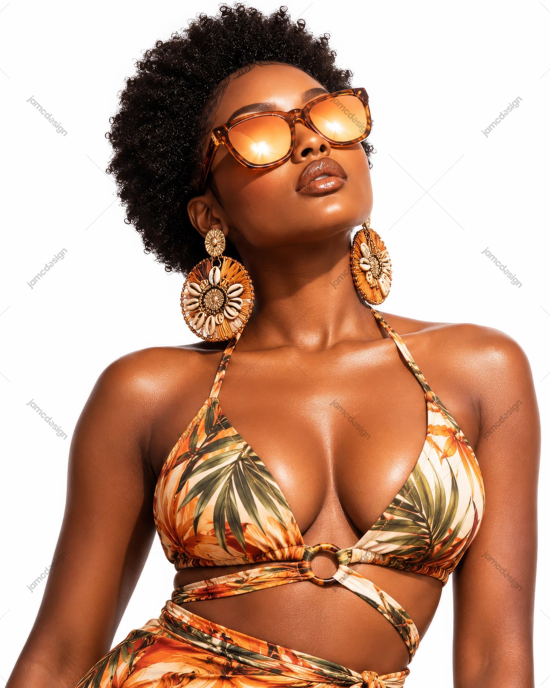 Woman With Afro Curls In Tropical Swimwear PNG. This PNG photo features a woman with voluminous afro curls, amber sunglasses