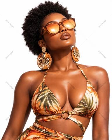 Woman With Afro Curls In Tropical Swimwear PNG