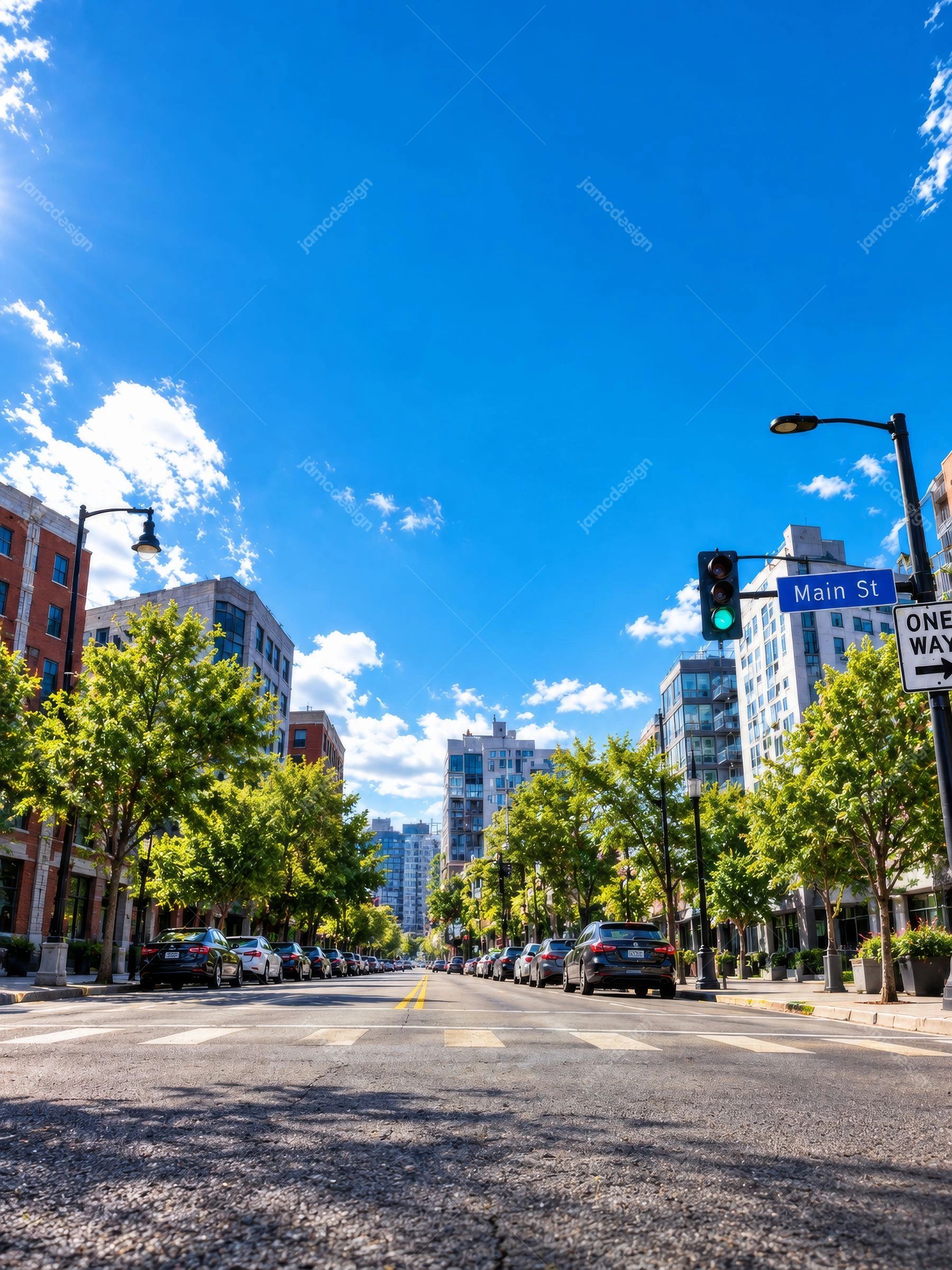 Sunny Urban Street With Trees And Midrise Buildings. Download this JPG photo of a sunny urban street lined with trees