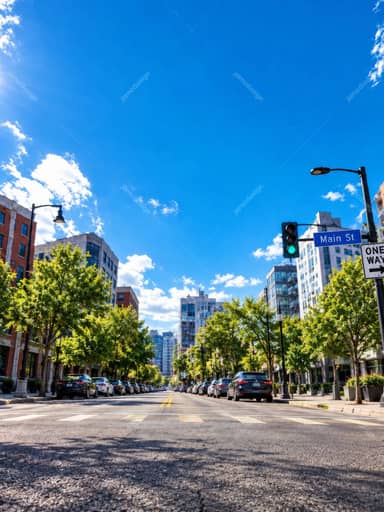Sunny Urban Street With Trees And Midrise Buildings