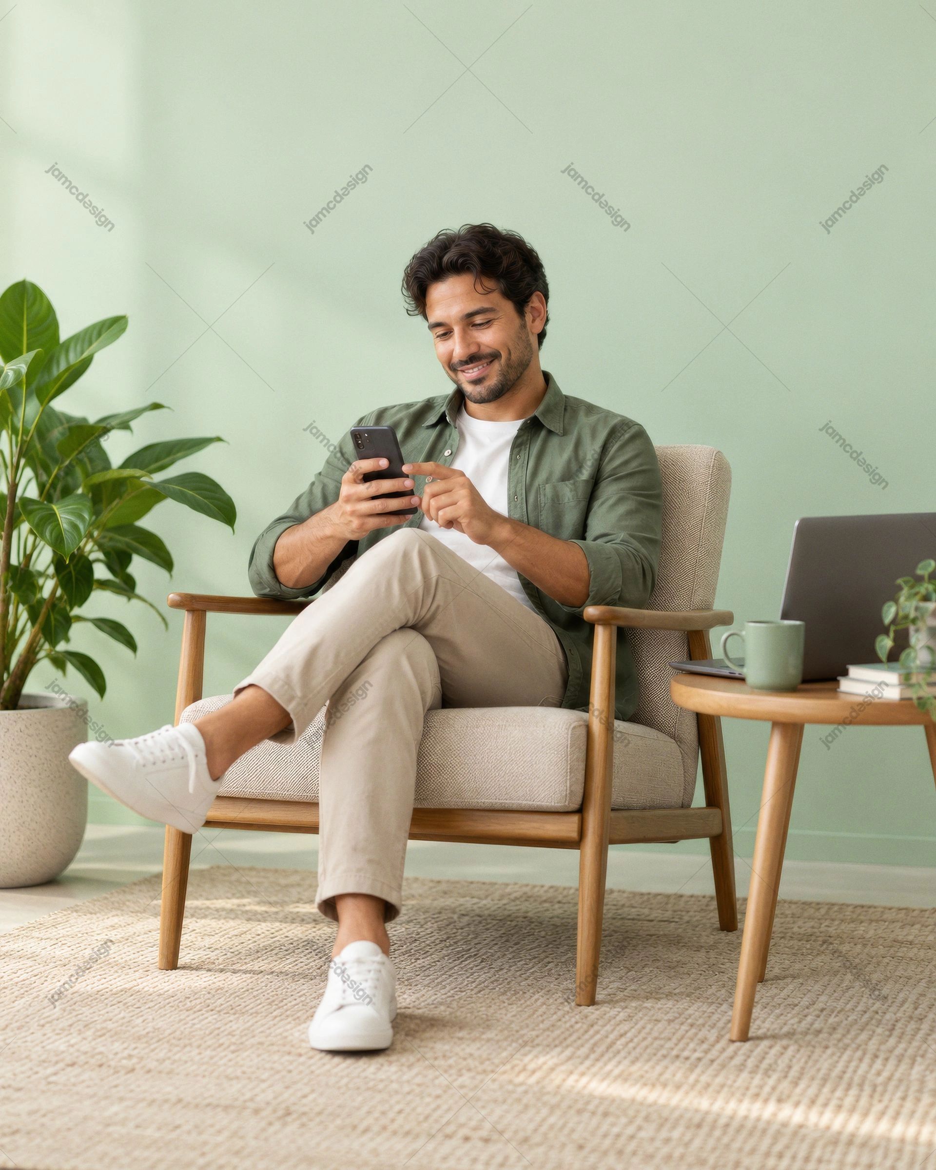 Man Using Smartphone In Modern Living Room. Download this JPG photo of a smiling man using a smartphone in a modern living room