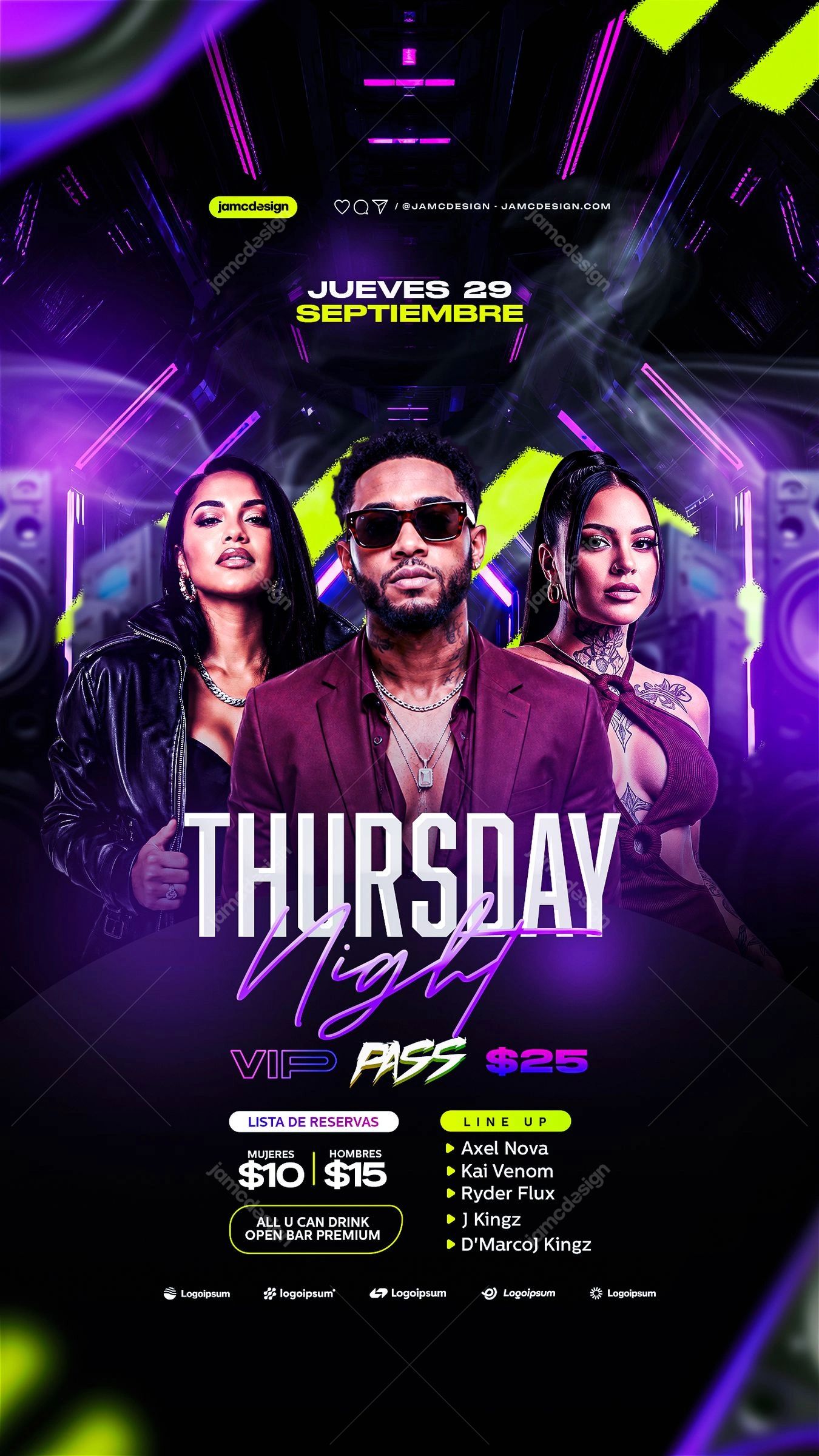 Thursday Night Story Flyer PSD With Purple Neon. Editable PSD event flyer template for a Thursday night nightlife promotion