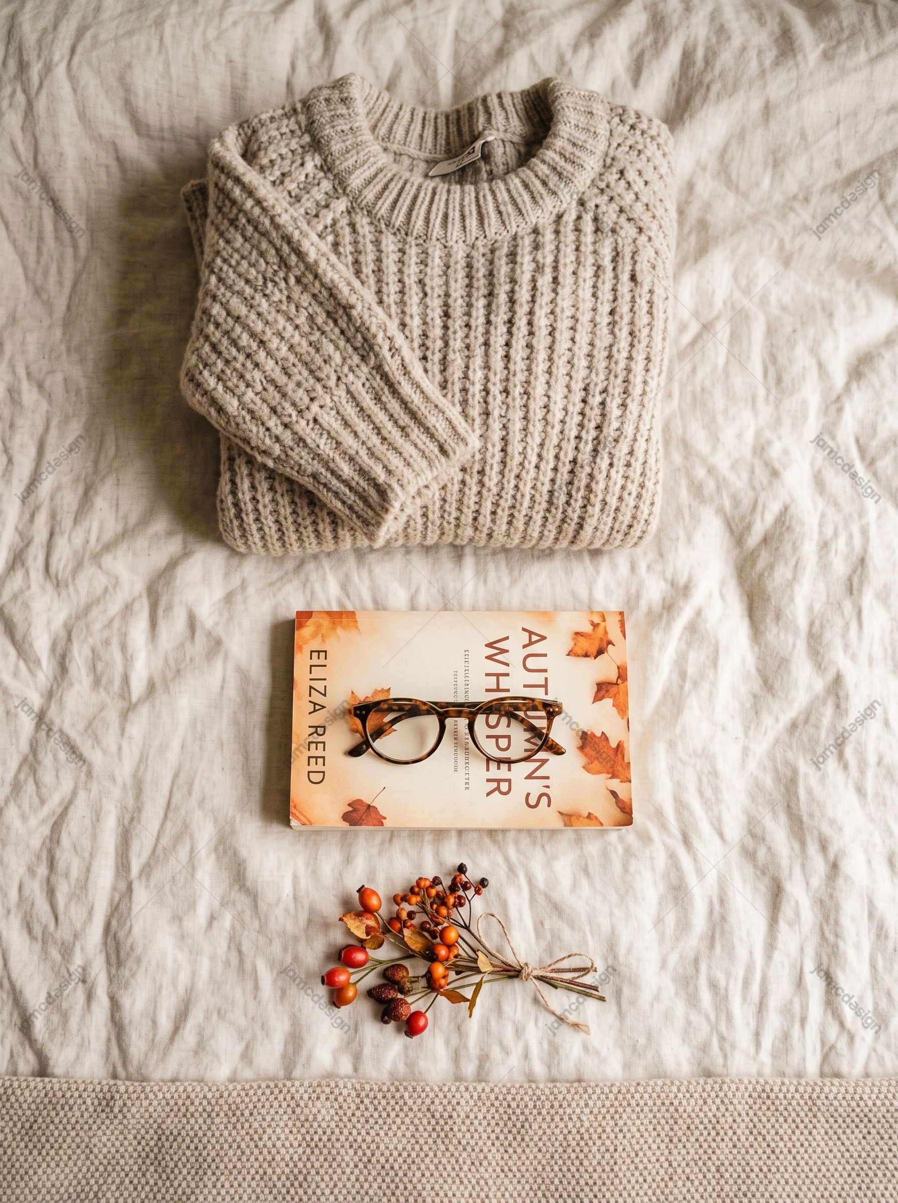 Flat Lay Douillet D’Automne Avec Pull Et Livre. Photo JPG d’une mise en scène à plat chaleureuse sur le thème du style de vie automnal