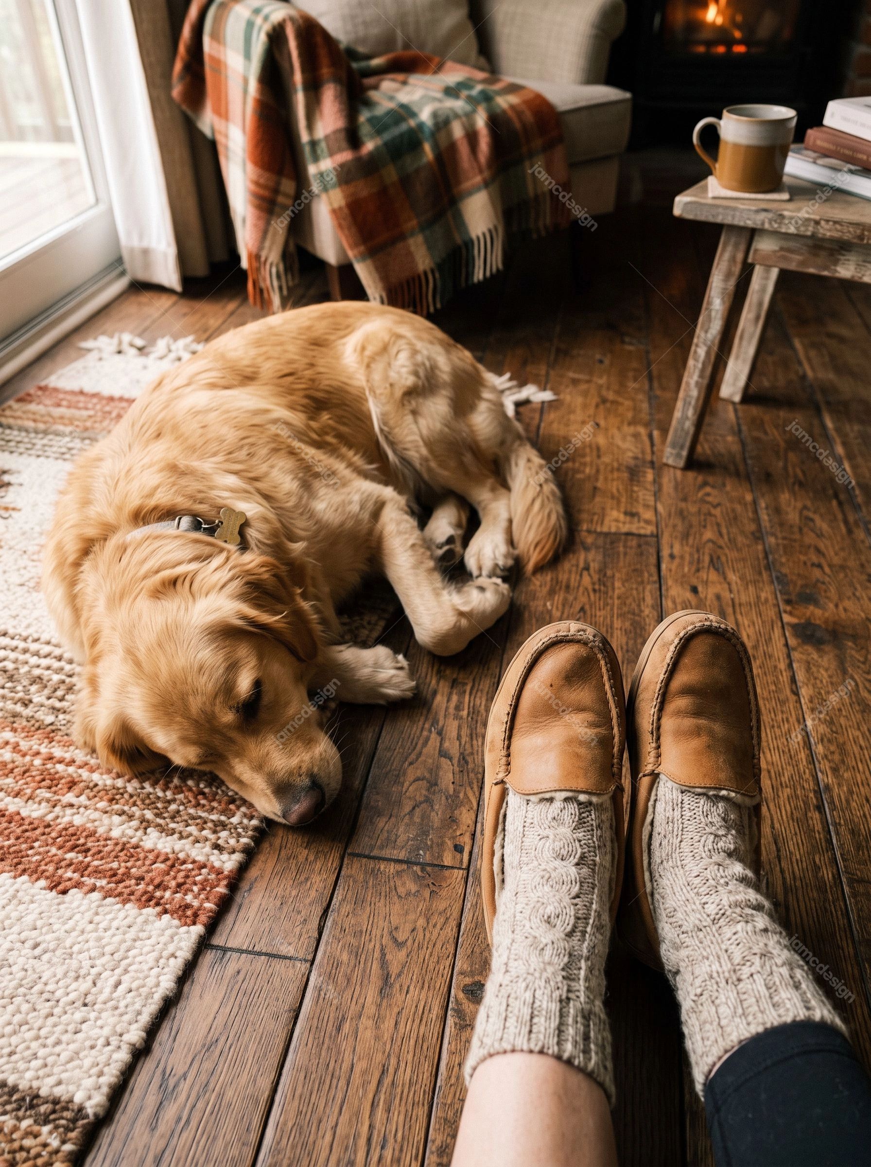Golden Retriever Ao Lado De Meias De Lã. Baixe esta foto realista de estilo de vida em JPG, com um golden retriever descansando ao lado de meias de lã