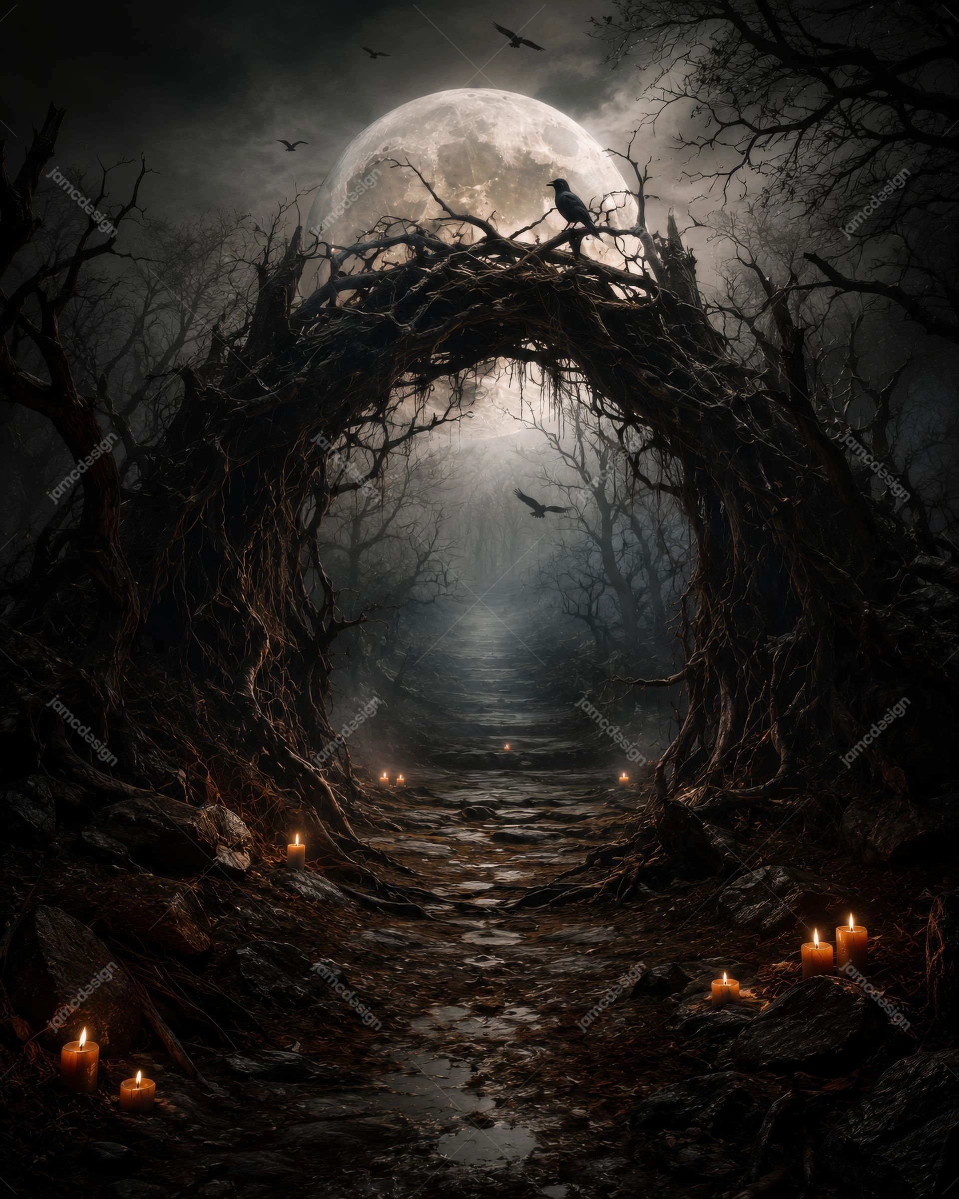 Haunted Root Arch Full Moon Halloween Background. JPG background showing a dark forest path framed by a twisted root arch, with a full moon behind bare trees