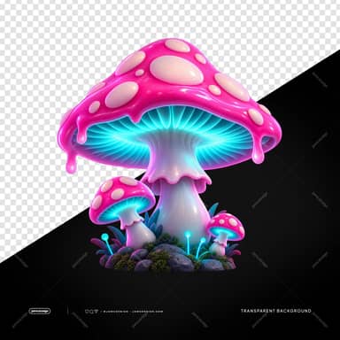 Glossy Pink Mushroom Group With Cyan Glow PNG
