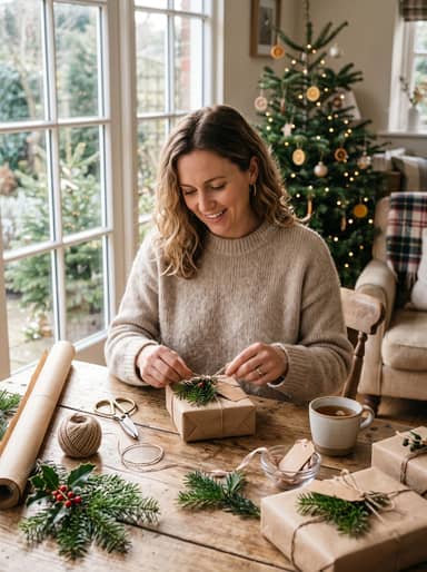 Woman Preparing Christmas Presents At Home