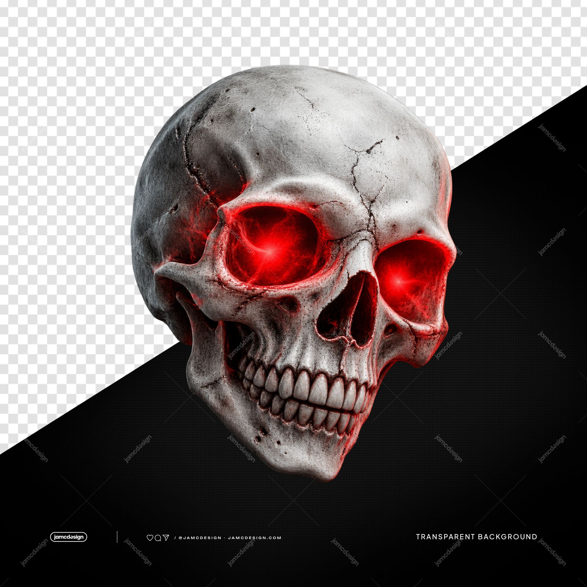Cracked Skull With Glowing Red Eyes PNG. Download this PNG transparent object featuring a cracked, realistic skull with glowing red eyes