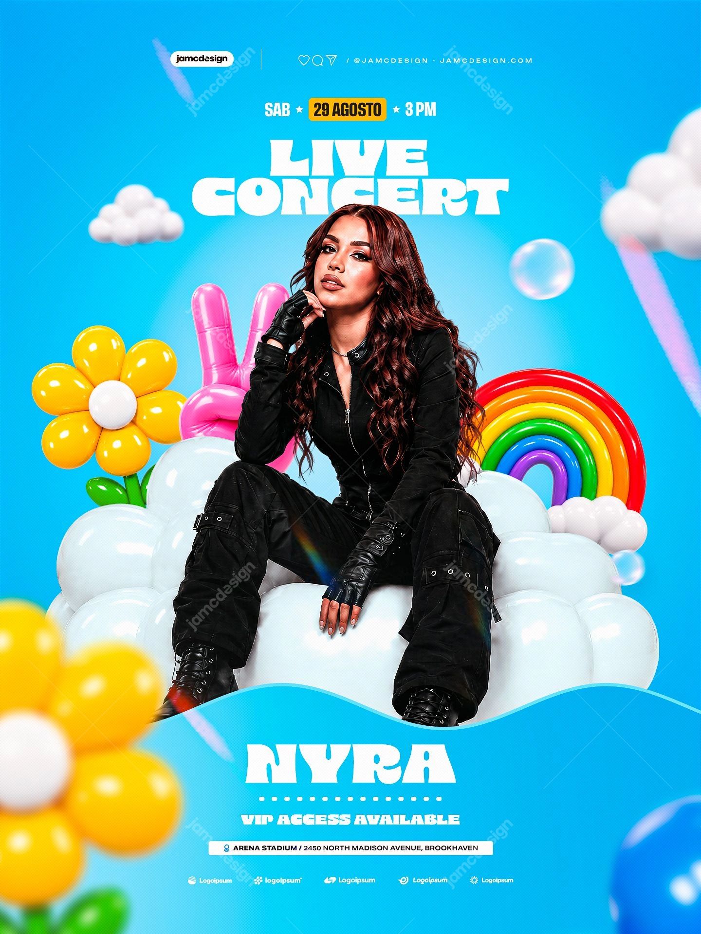 Colorful Artist Live Concert Rainbow Balloon Woman Flyer PSD. Editable PSD template for a colorful live concert flyer featuring a seated female performer