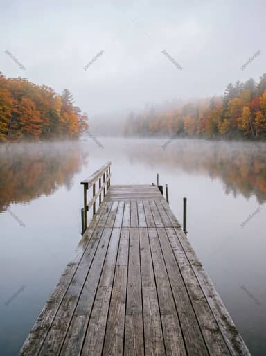Ponton Rustique Avec Reflets De Forêt Automnale
