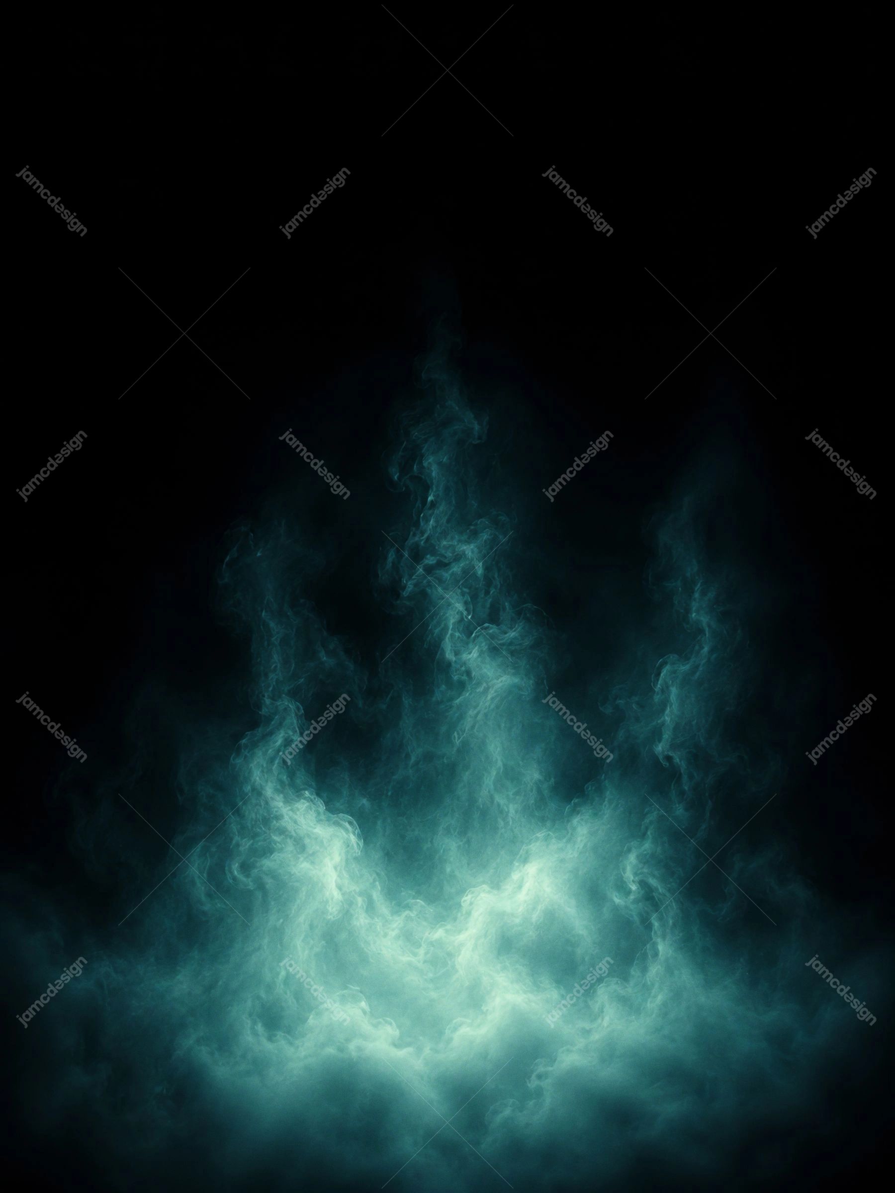 Glowing Teal Smoke Plume Dark Background Vertical Cyan Vapor Glow. This JPG overlay texture shows a luminous teal smoke plume rising from a black background