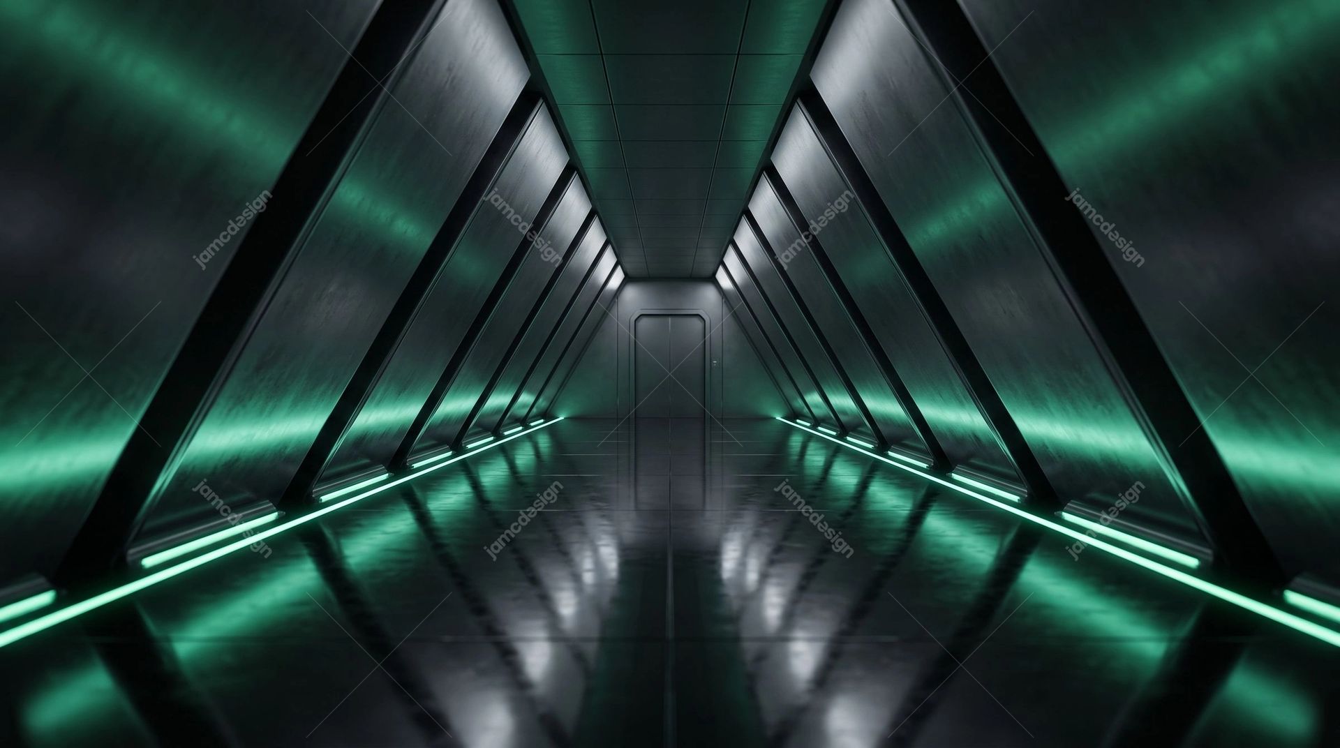 Futuristic Corridor With Reflective Floor Background. Download this JPG background showing a symmetrical futuristic corridor with dark metallic panels