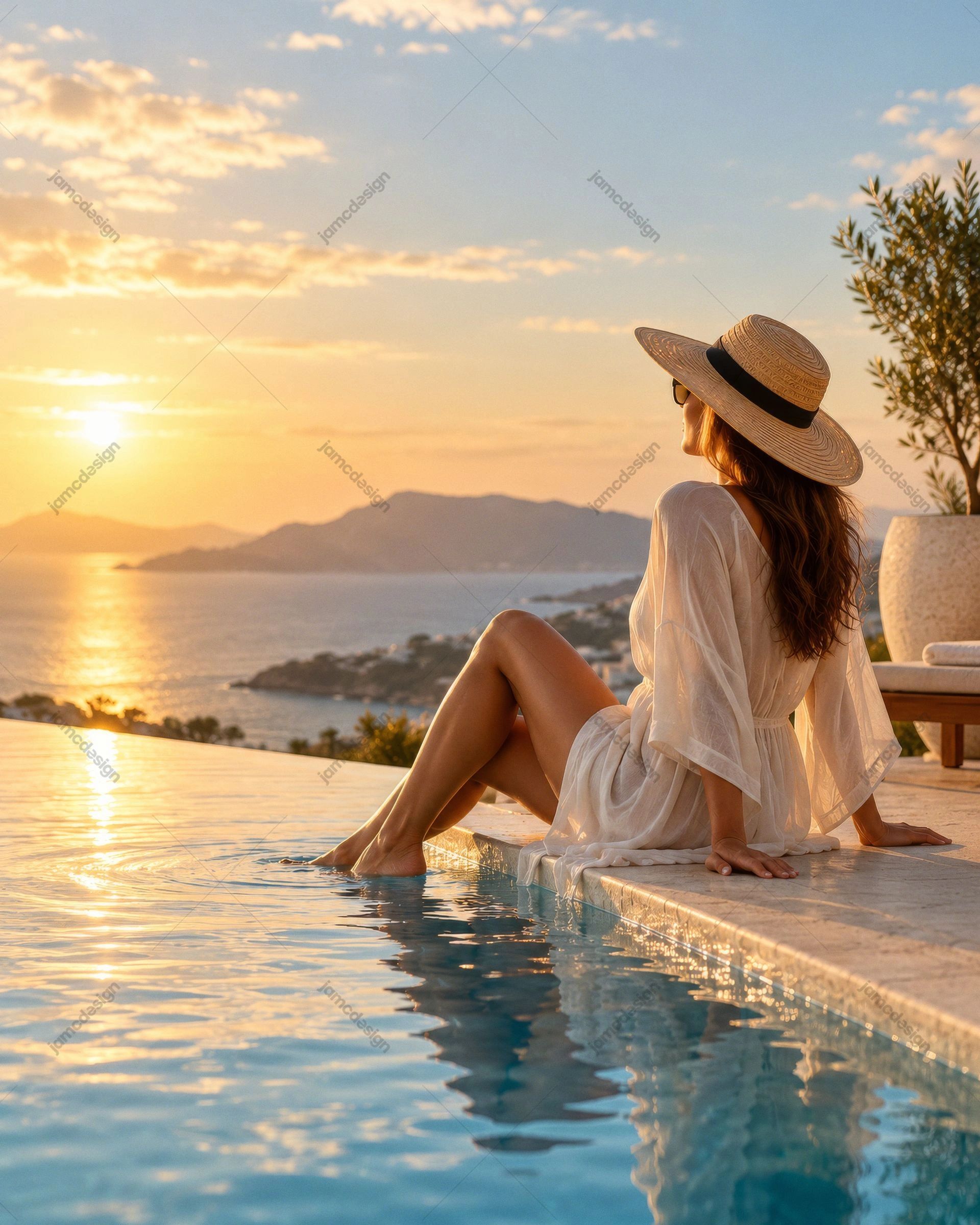 Woman In Infinity Pool With Sea And Mountain View. This JPG photo shows a woman in a straw hat relaxing beside an infinity pool at sunset