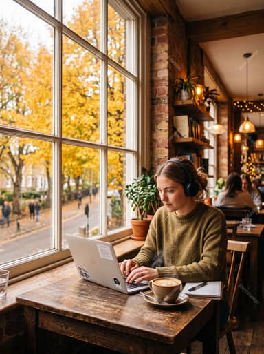 Woman Working On Laptop With Headphones In Cafe