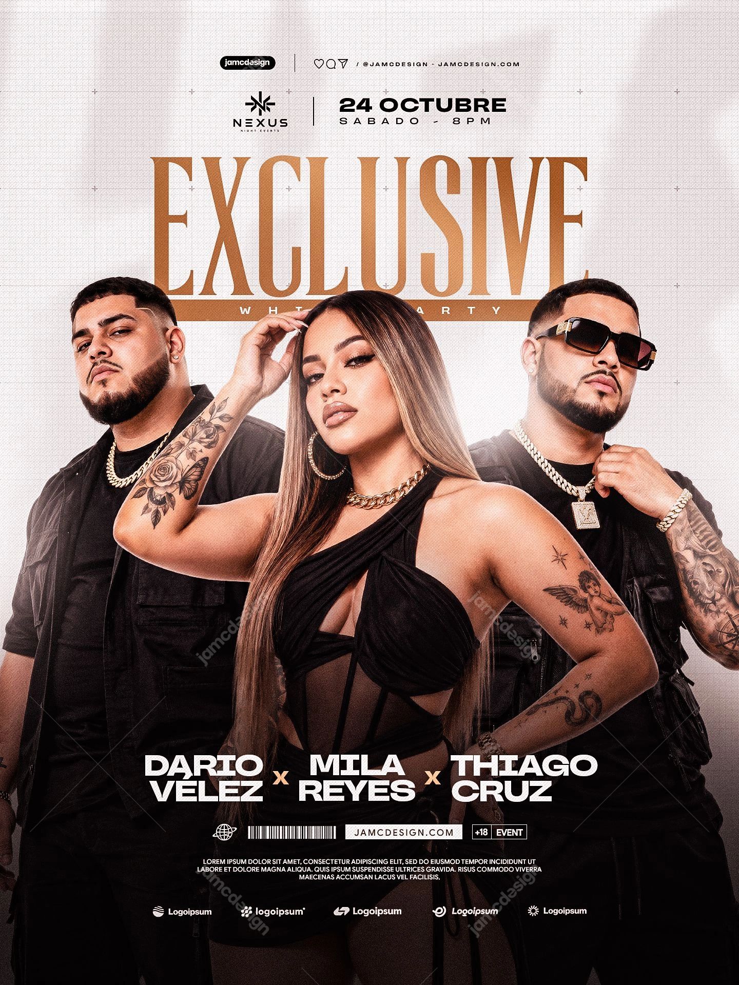 Exclusive White Party Flyer Template PSD. Download this editable PSD event flyer for a white party, with three fashion styled figures