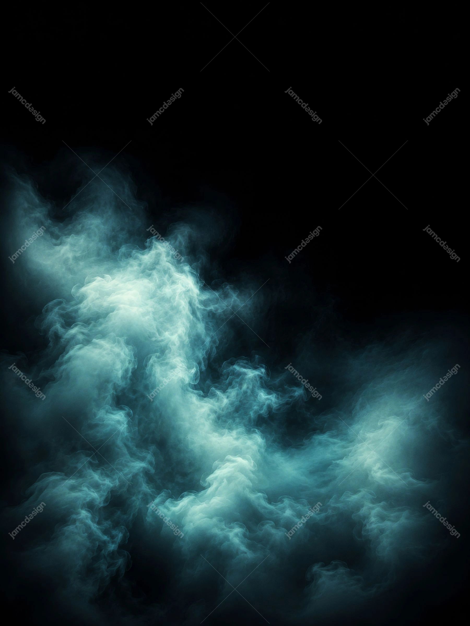 Luminous Teal Smoke Swirls Dark Background Vertical Aqua Vapor Glow. JPG overlay texture featuring luminous teal smoke curling through a deep black background