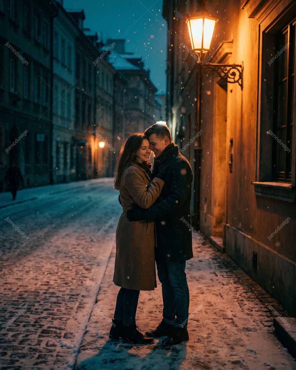 Couple Embracing On Snowy New Year's Eve Street